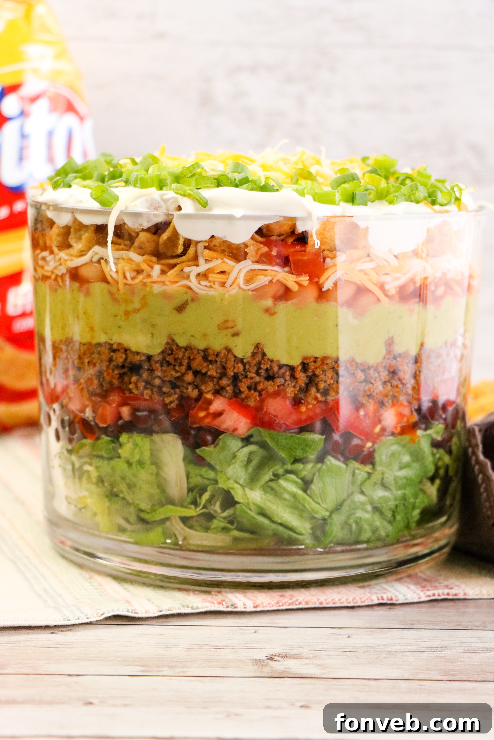 Taco Fiesta Stack 5 A close-up of the delicious layers of a Taco Salad Trifle