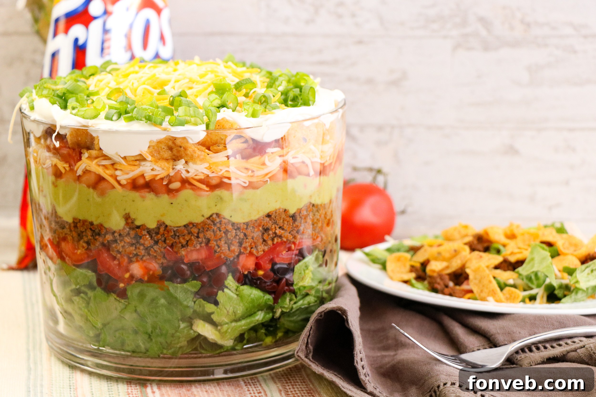 Taco Fiesta Stack 8 Overhead shot of a beautifully arranged Taco Salad Trifle