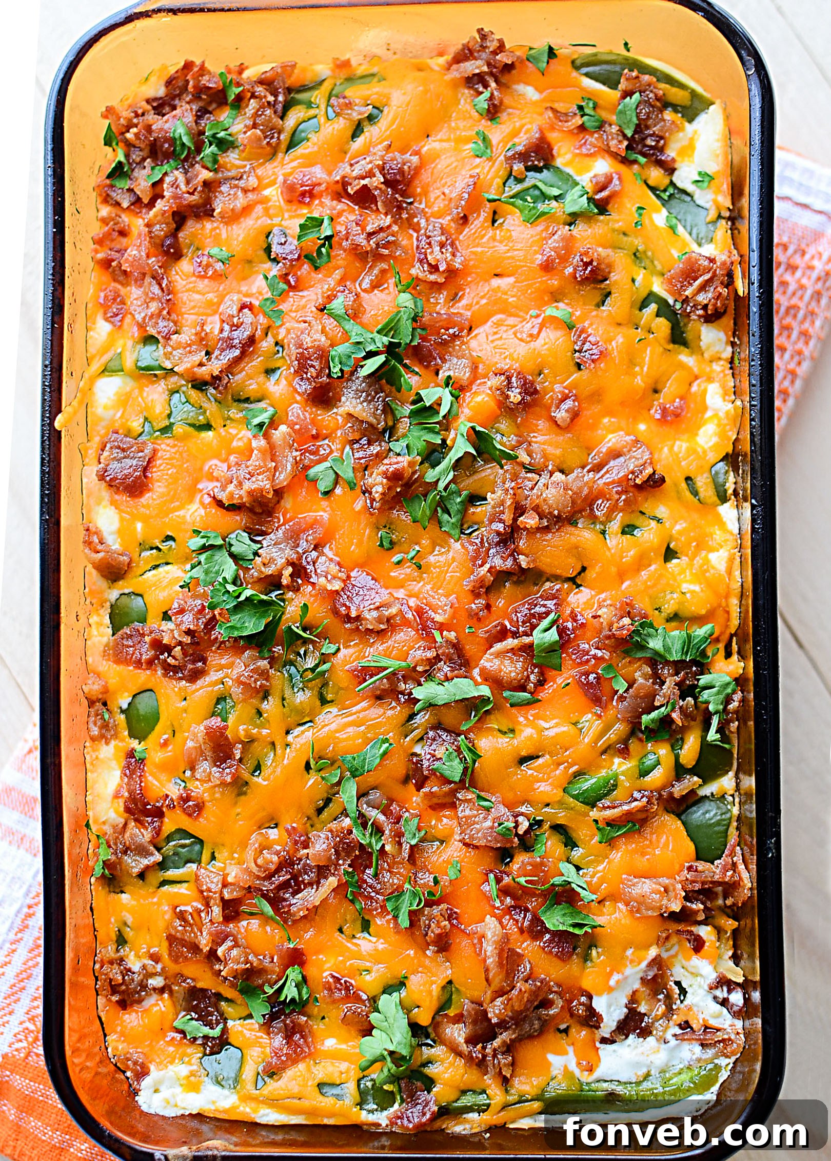 Close-up of the Jalapeño Popper Chicken Casserole, showing the creamy texture and slices of jalapeño.