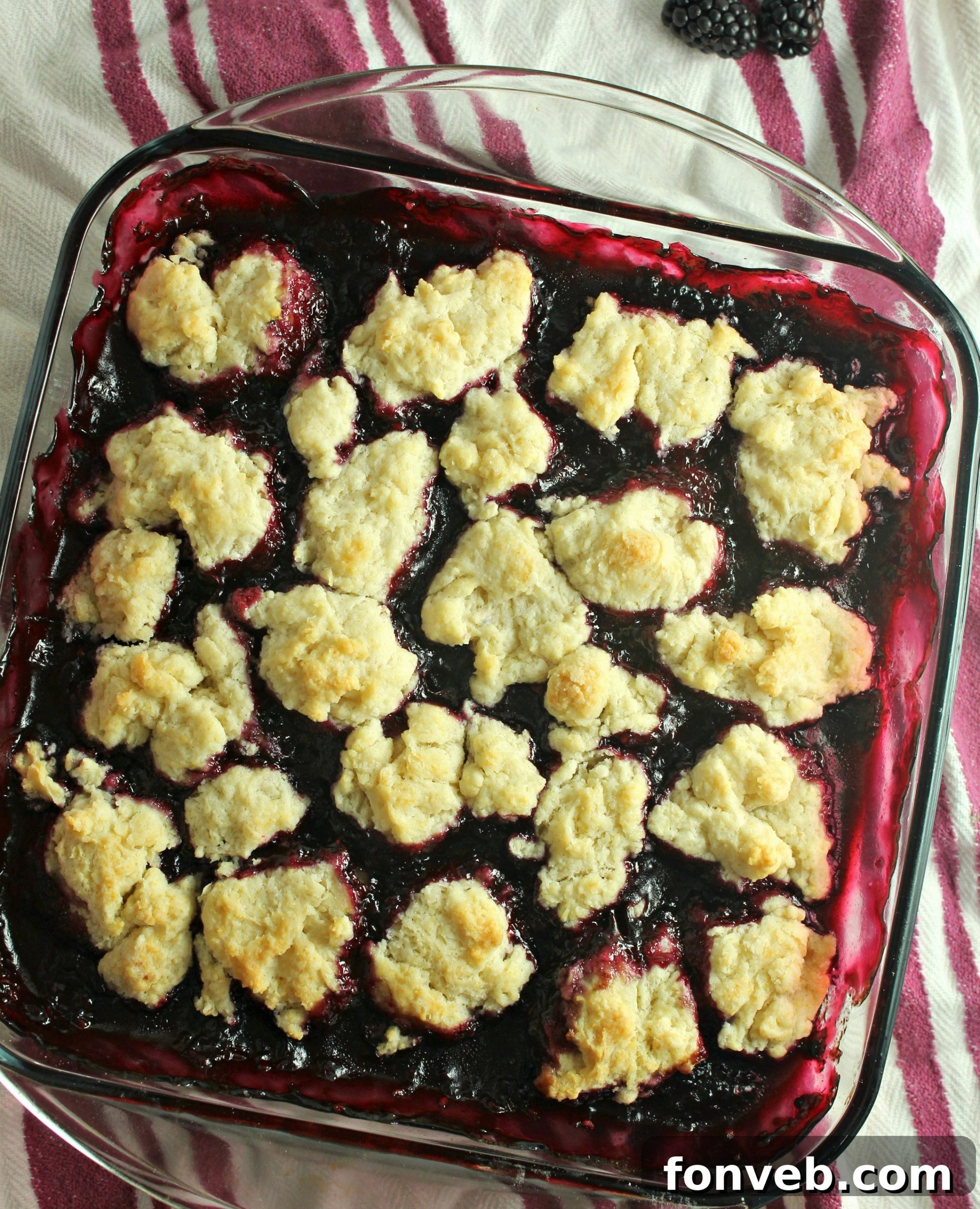 Close-up of a fork scooping into a piece of warm blackberry cobbler.