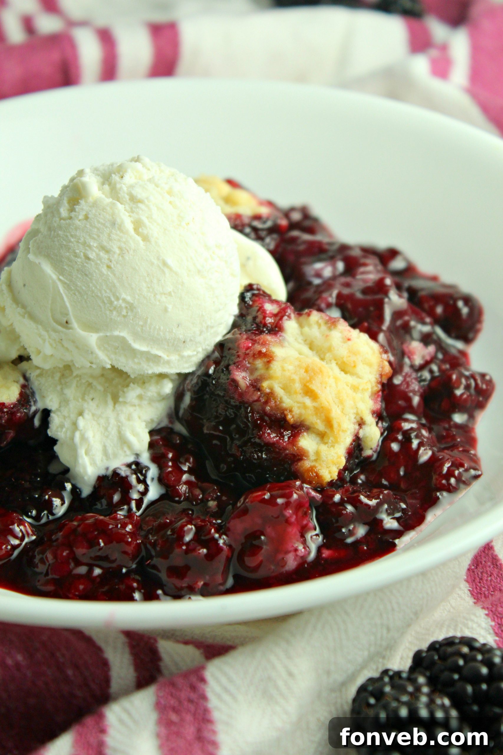 A freshly baked blackberry cobbler, showing its golden, crumbly topping.