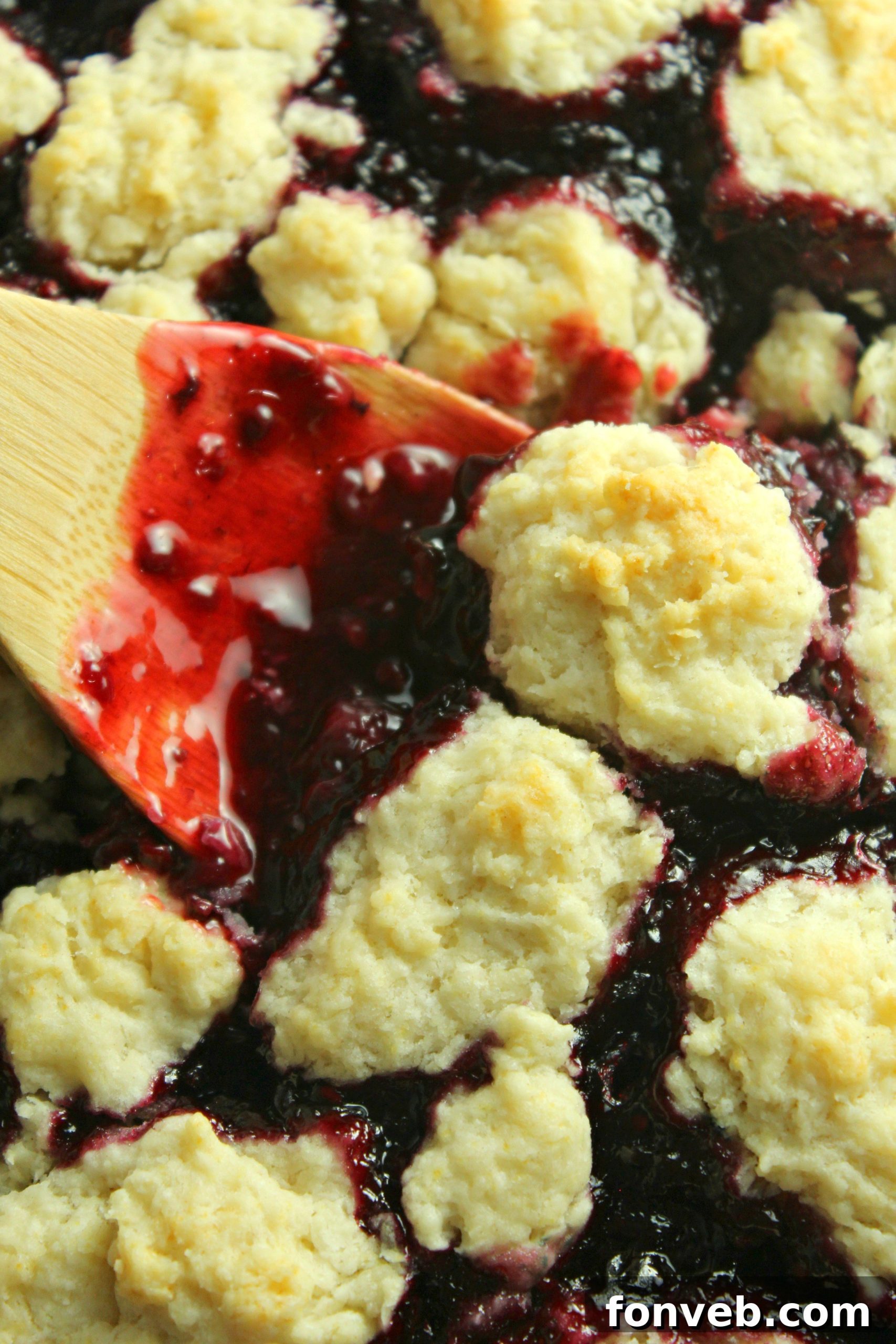 A close-up shot of the blackberry filling before the topping is added.