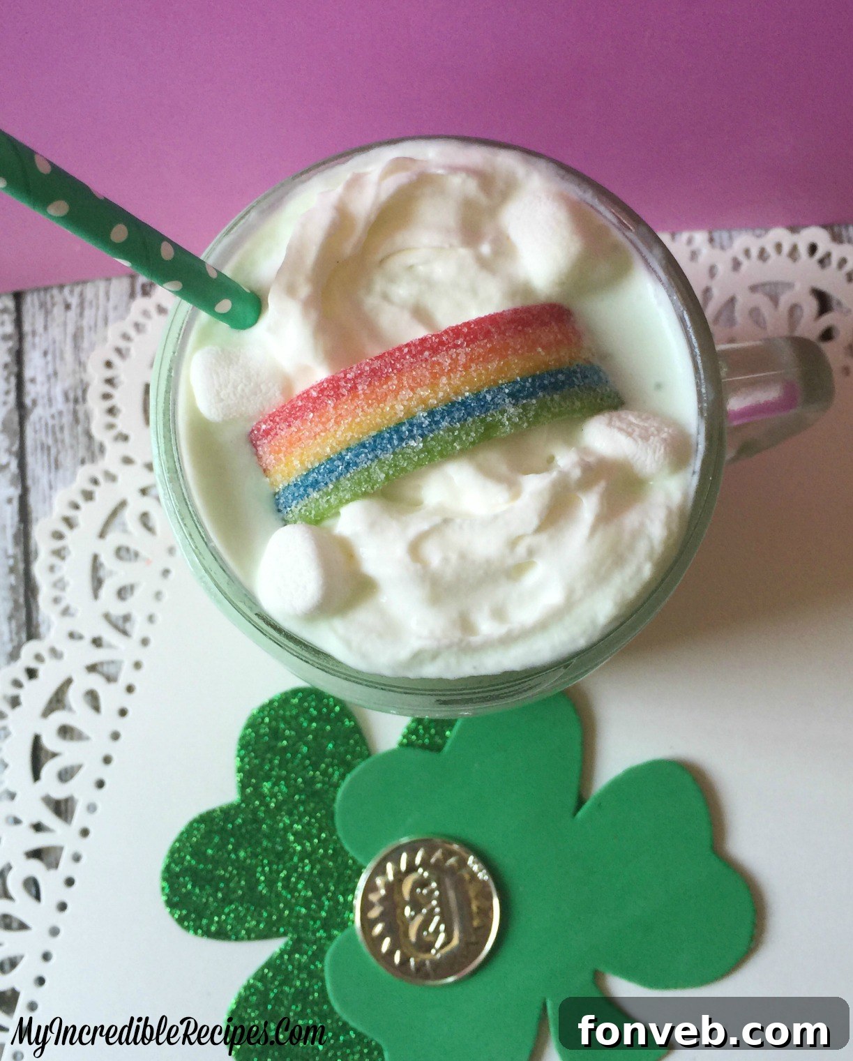 Shamrock Cocoa served in an elegant glass mug, showcasing its vibrant green color and creamy texture