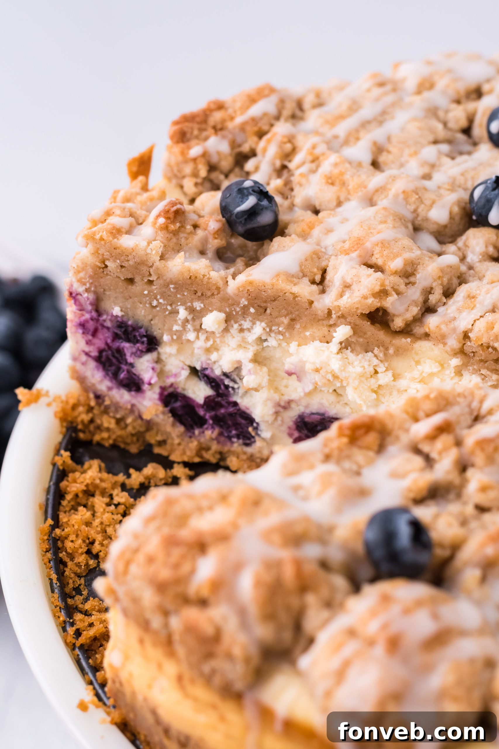 Blueberry Coffee Cake Cheesecake ready to be served