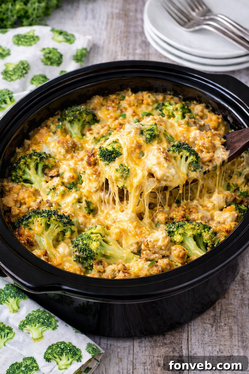 Delicious Slow Cooker Cheesy Chicken and Stuffing Casserole ready to be served
