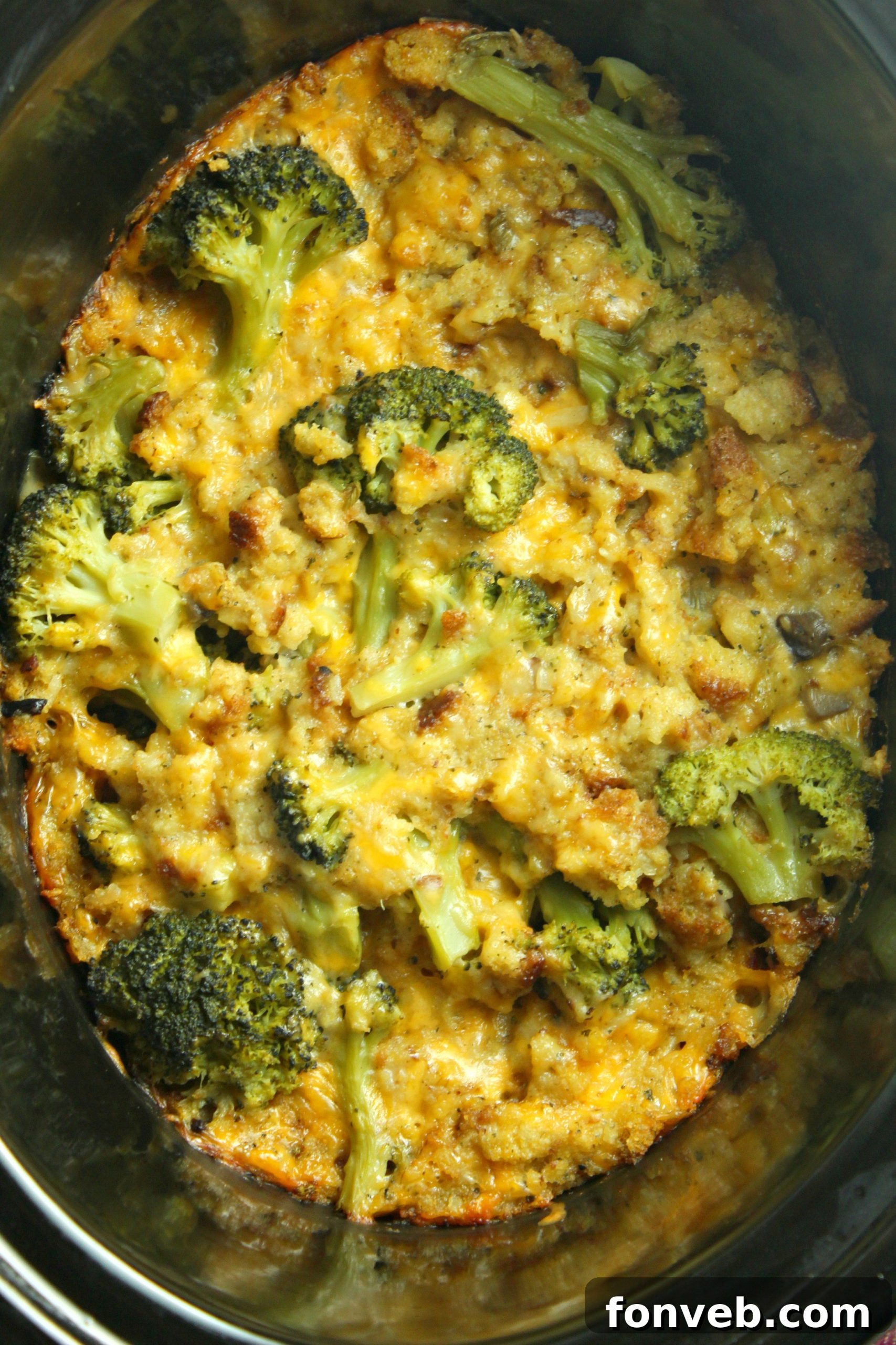 Hearty portion of cheesy chicken broccoli casserole on a plate