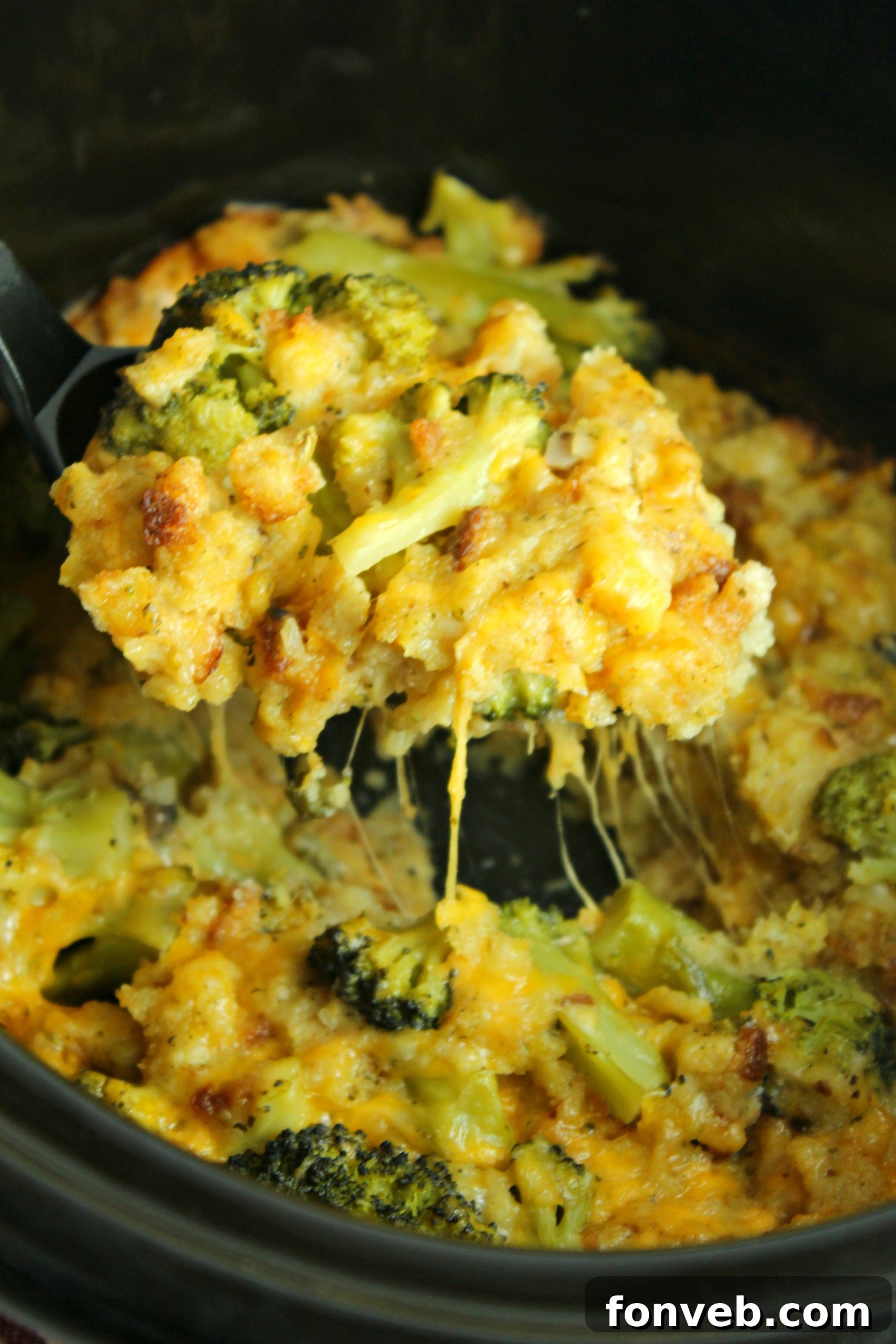 Freshly cooked slow cooker cheesy chicken and broccoli casserole