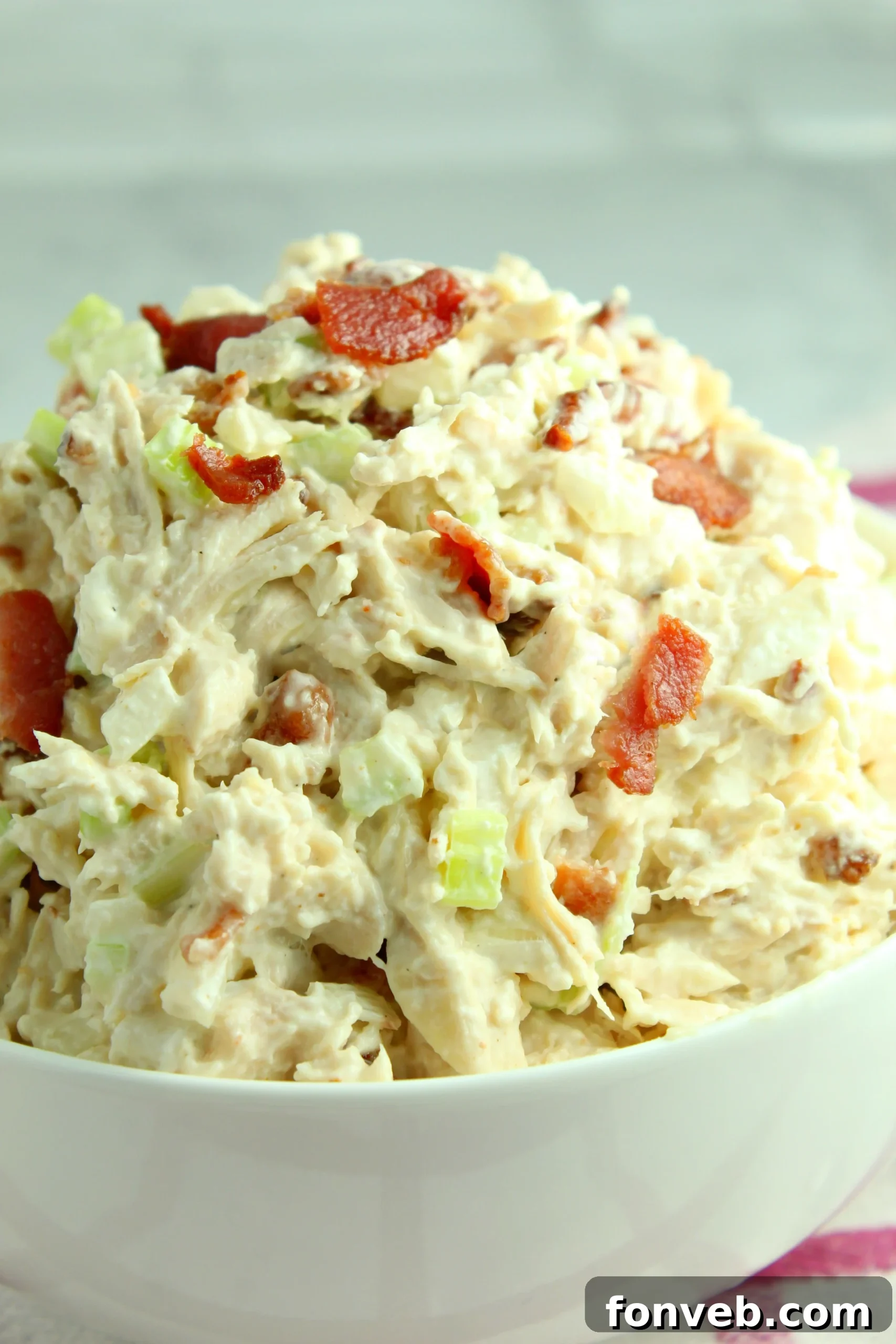 Homemade Willow Tree Bacon Chicken Salad 2 Homemade Willow Tree Chicken Salad with Bacon served in a bowl