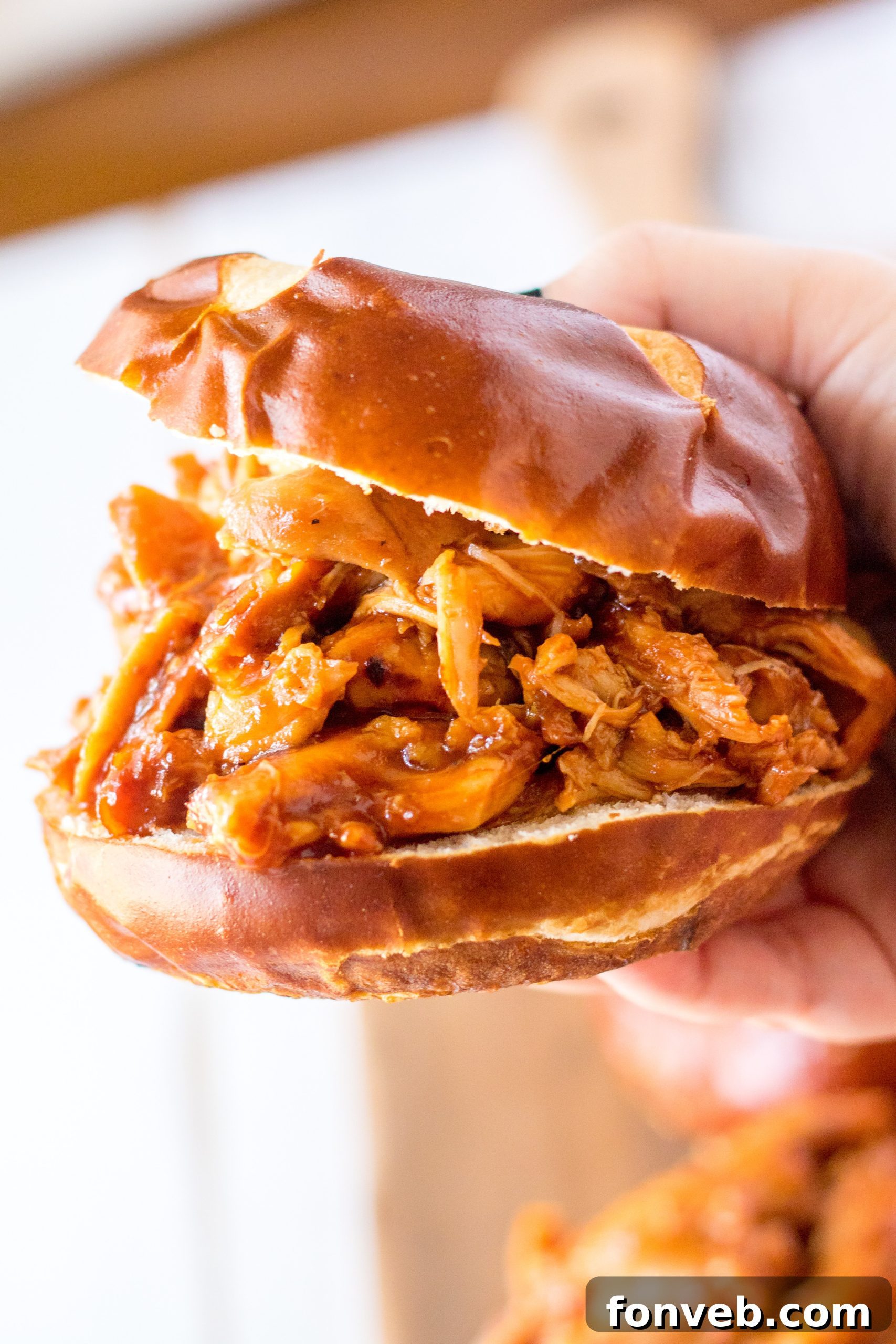 Slow Cooker Root Beer Chicken served on a plate with rice and green beans