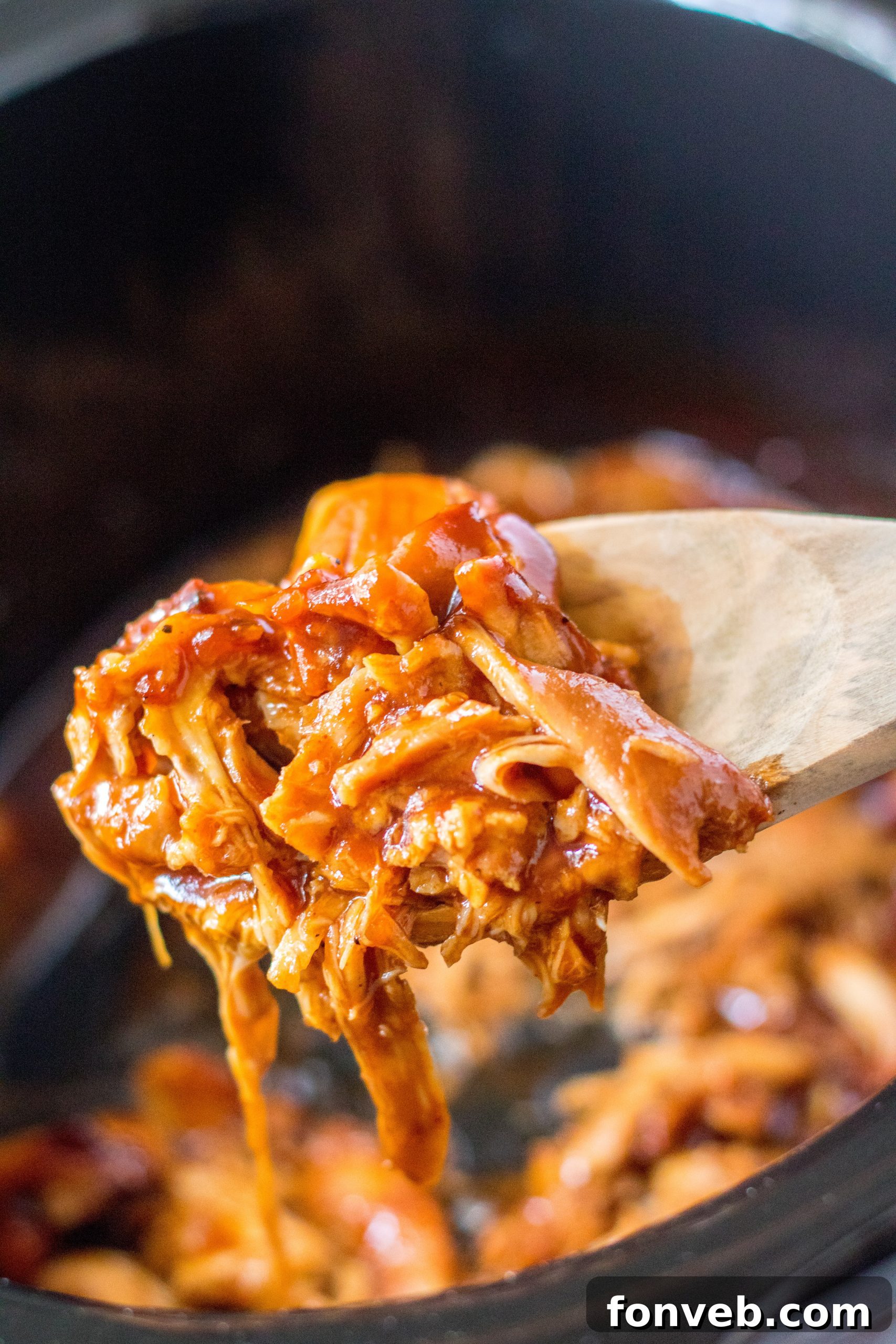 Close up of a serving of Slow Cooker Root Beer Chicken on a plate