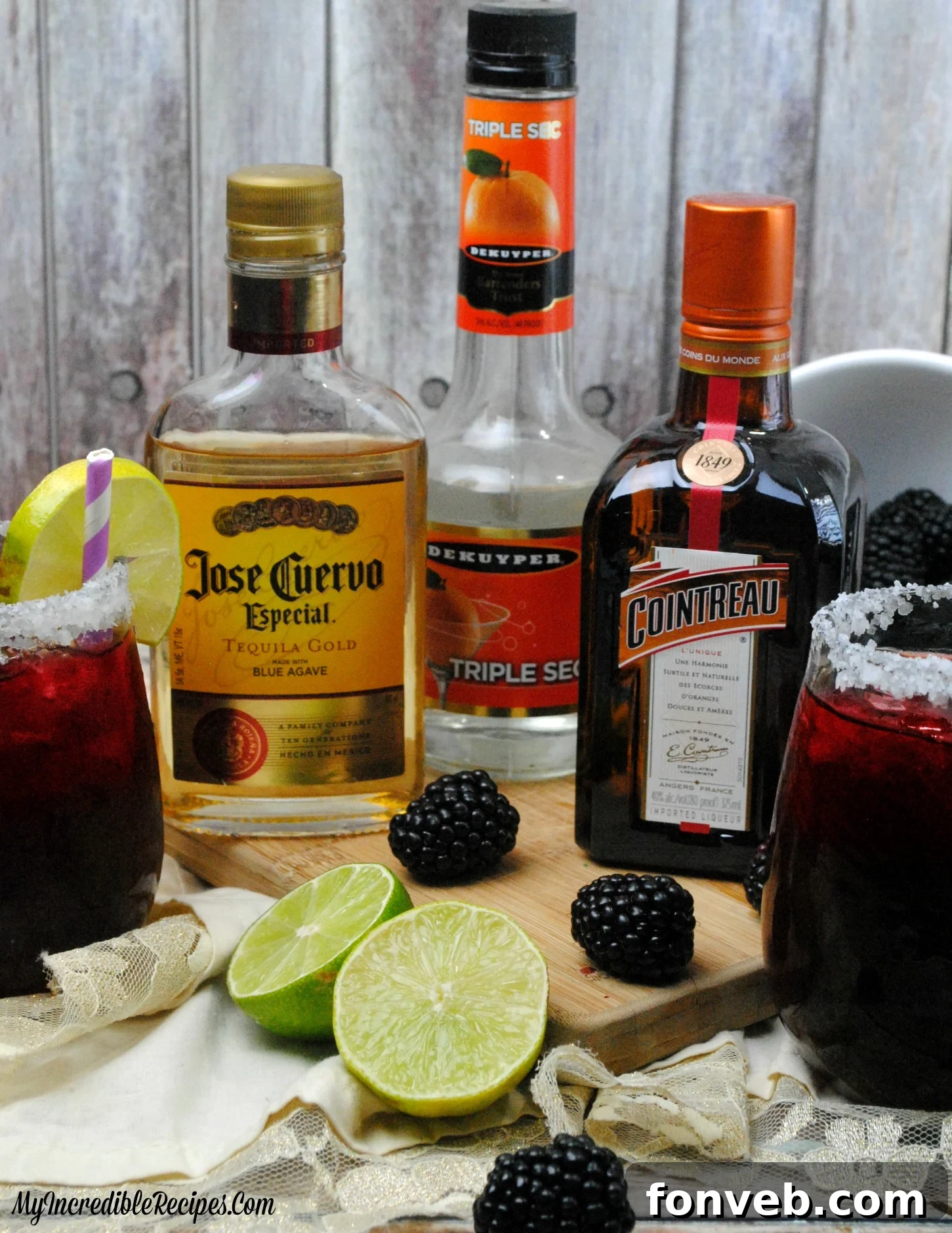 Ingredients for Blackberry Margaritas laid out on a table