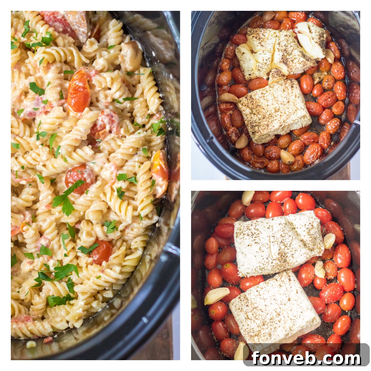 An overhead shot of the ingredients for Slow Cooker Tomato and Feta Pasta arranged in a slow cooker before cooking.