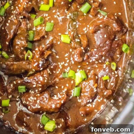 Slow Cooker Mongolian Beef Delight 13 Slow Cooker Mongolian Beef close up in a bowl