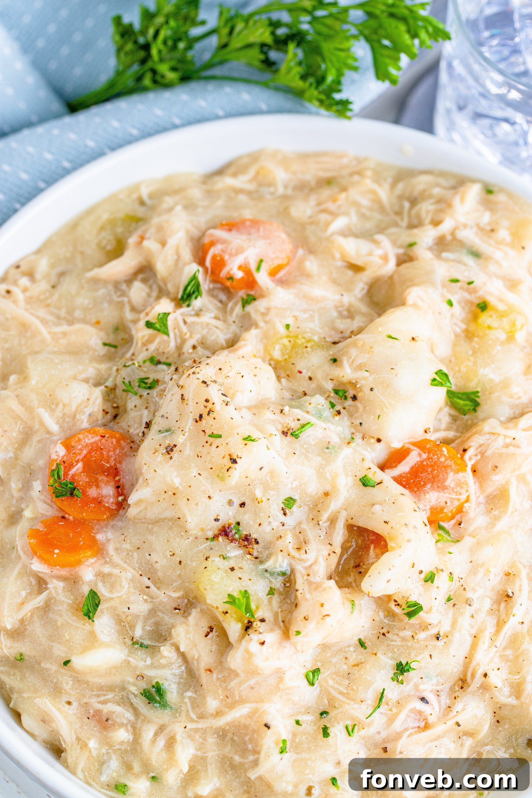 A large serving bowl filled with Slow Cooker Chicken and Dumplings, ready for a family meal
