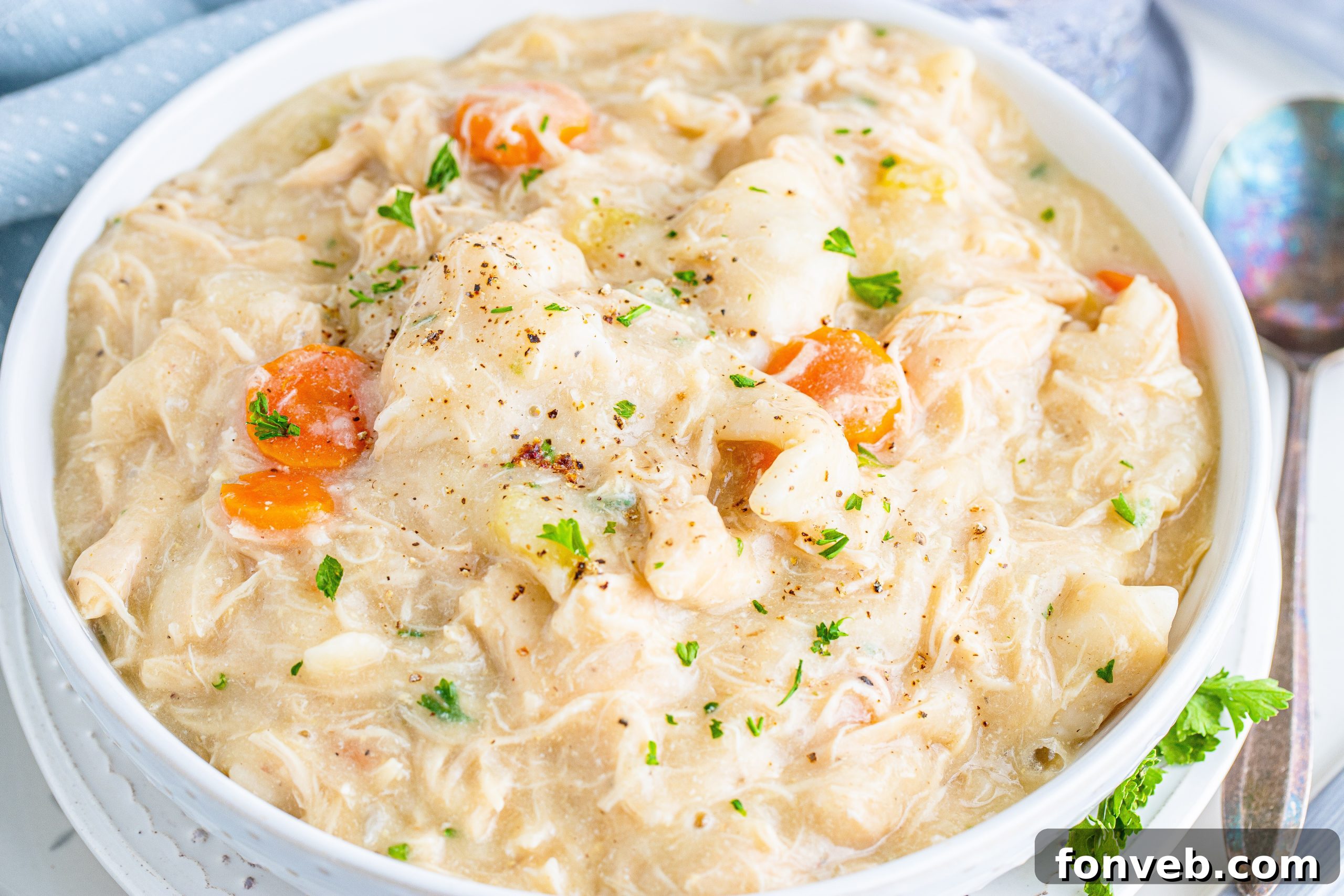 A close-up of a bowl of perfectly cooked chicken and dumplings, highlighting the fluffy dumplings