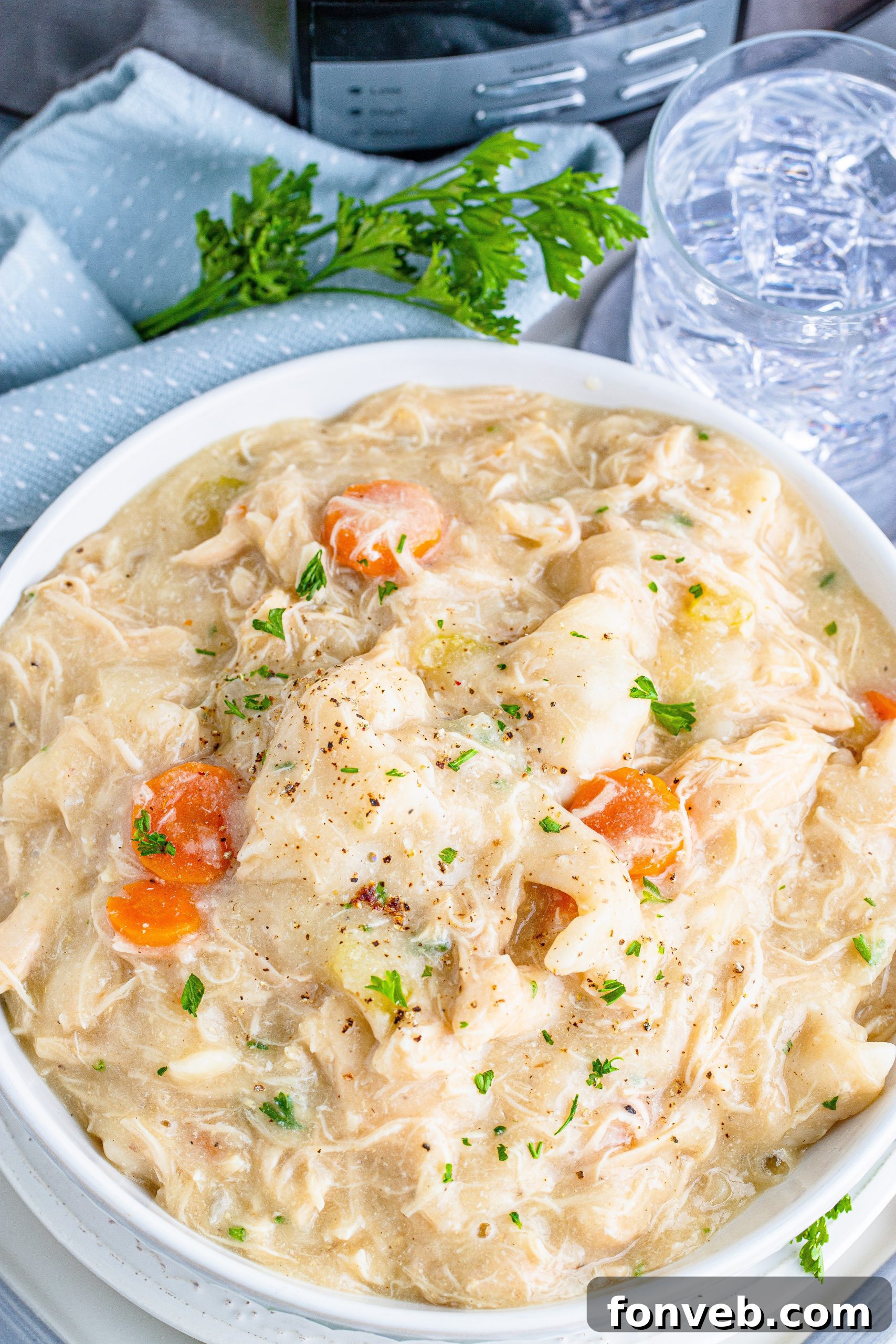 Overhead view of Slow Cooker Chicken and Dumplings in a pot, ready for serving