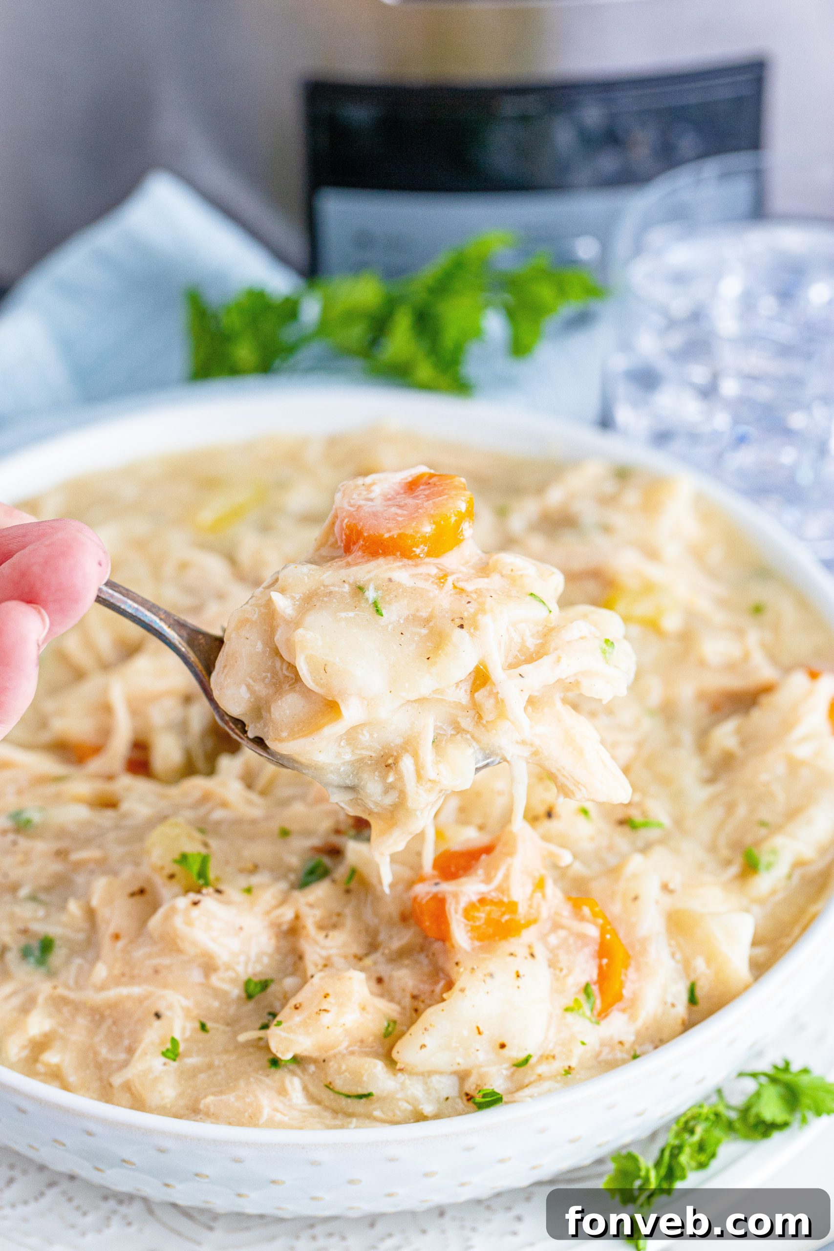 A large pot of Slow Cooker Chicken and Dumplings, perfectly cooked and ready to serve