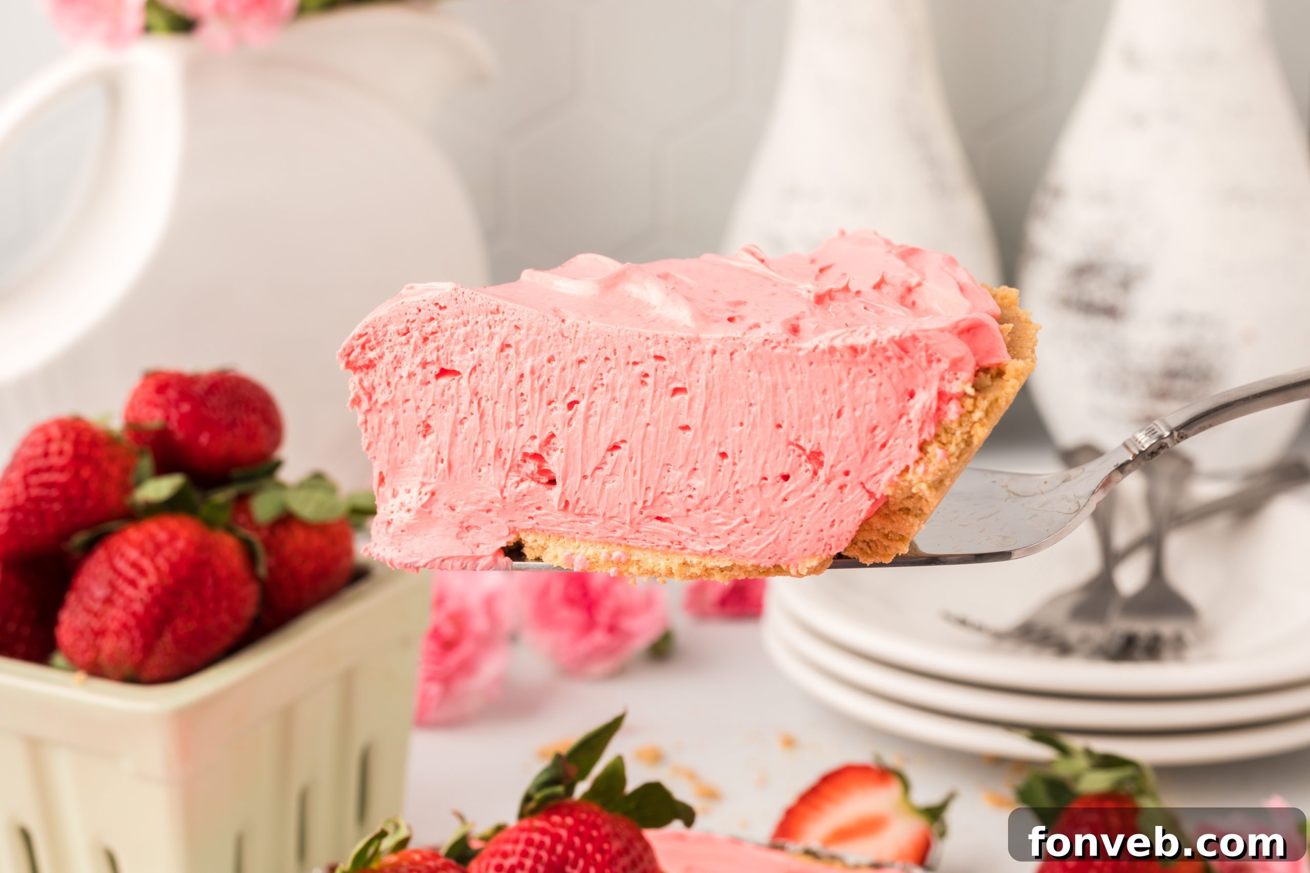 Close-up of a generous slice of Strawberry Kool-Aid pie.