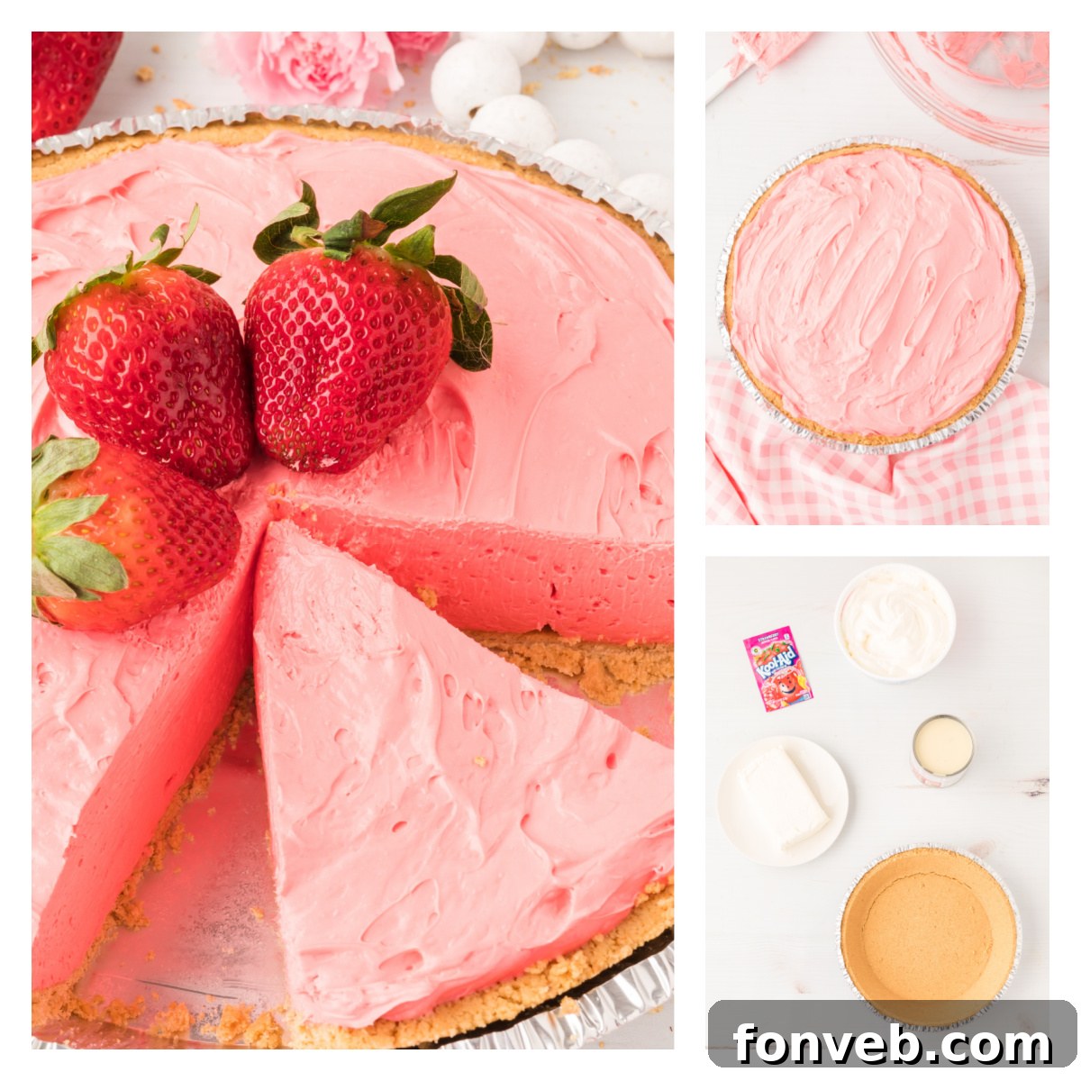 Close-up of the smooth, pink filling of Strawberry Kool-Aid Pie.