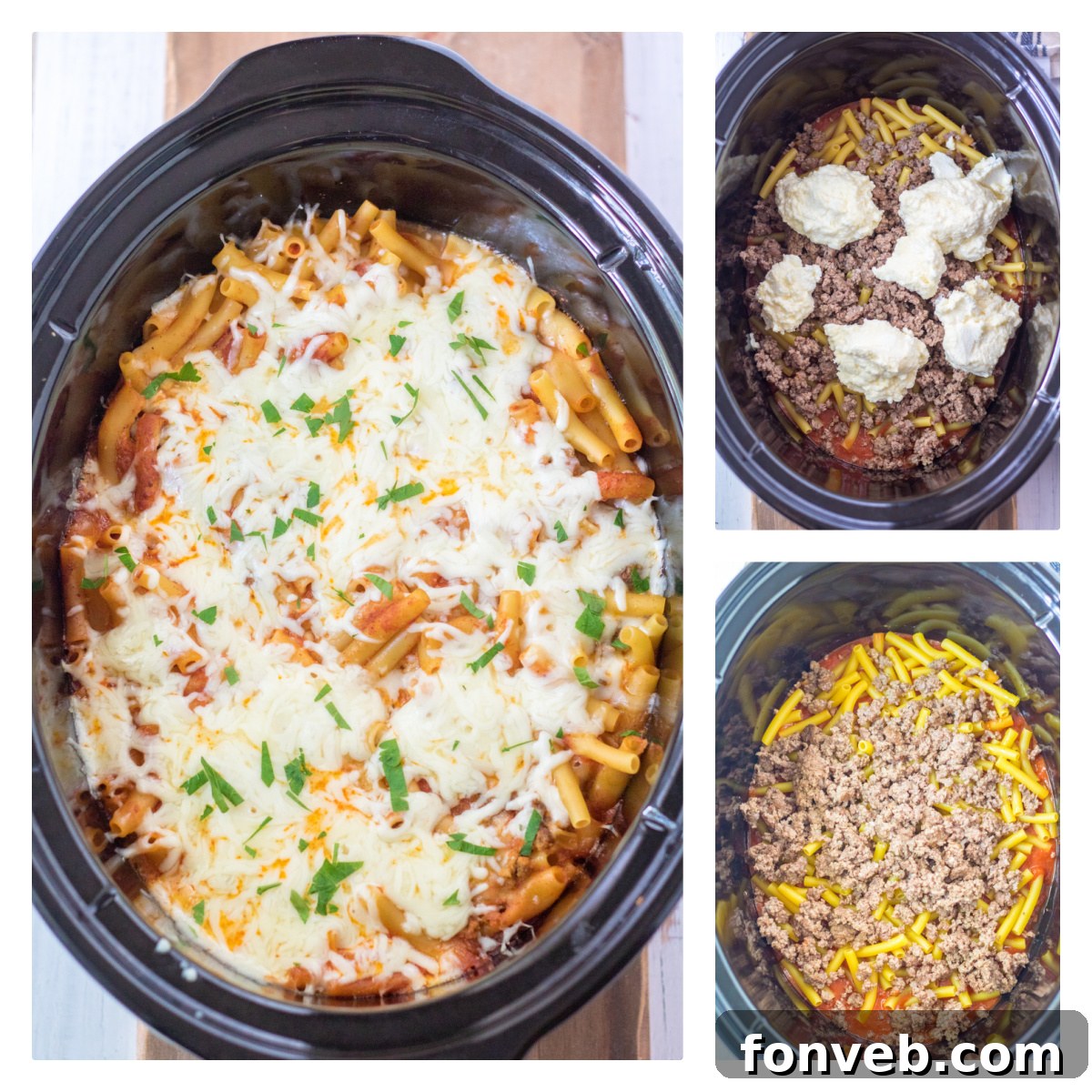 Overhead view of a prepared slow cooker ziti, showcasing the rich sauce and cheese.