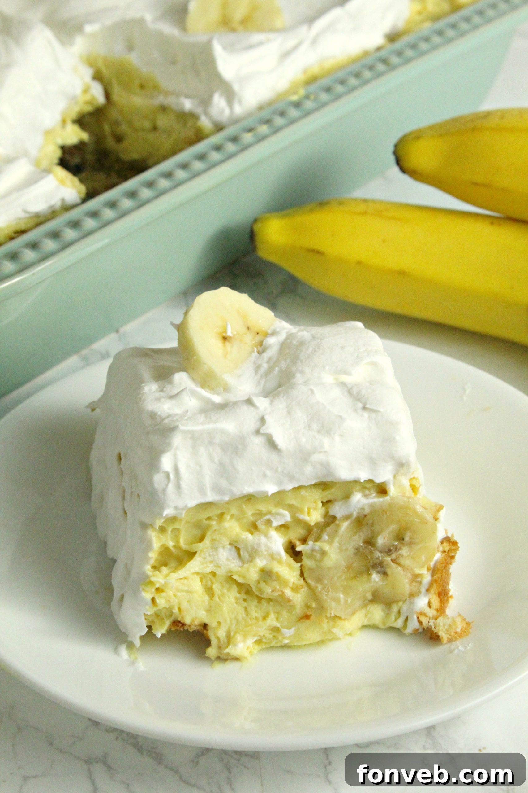 Simple Chilled Banana Pudding 11 A large container of Easy No-Bake Banana Pudding stored in the refrigerator.