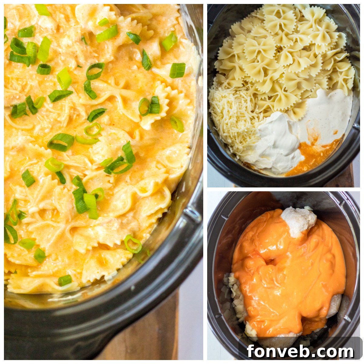 Ingredients for slow cooker buffalo chicken pasta laid out on a wooden surface.