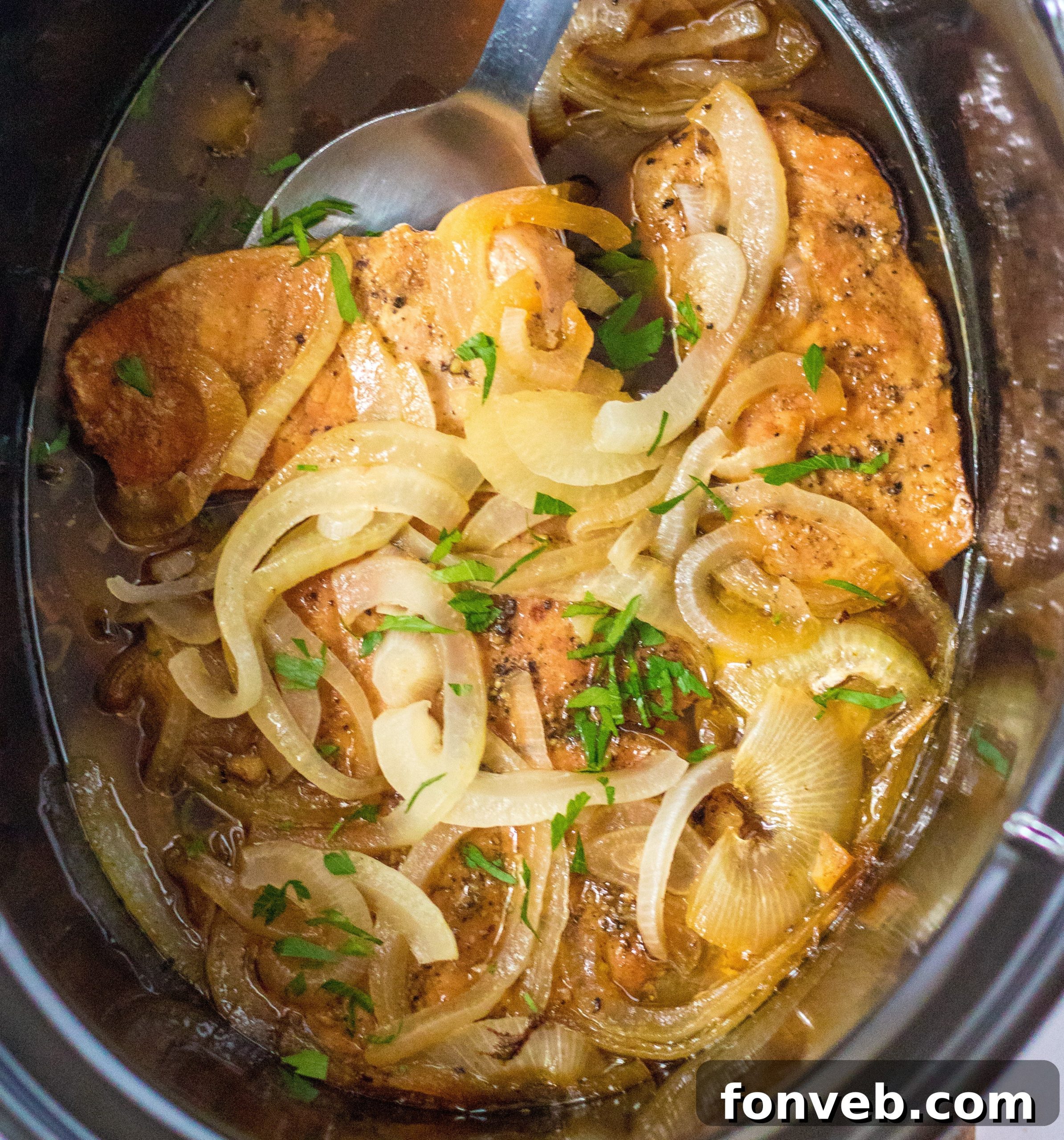 Close-up of tender slow cooker pork chops and caramelized onions served on a plate