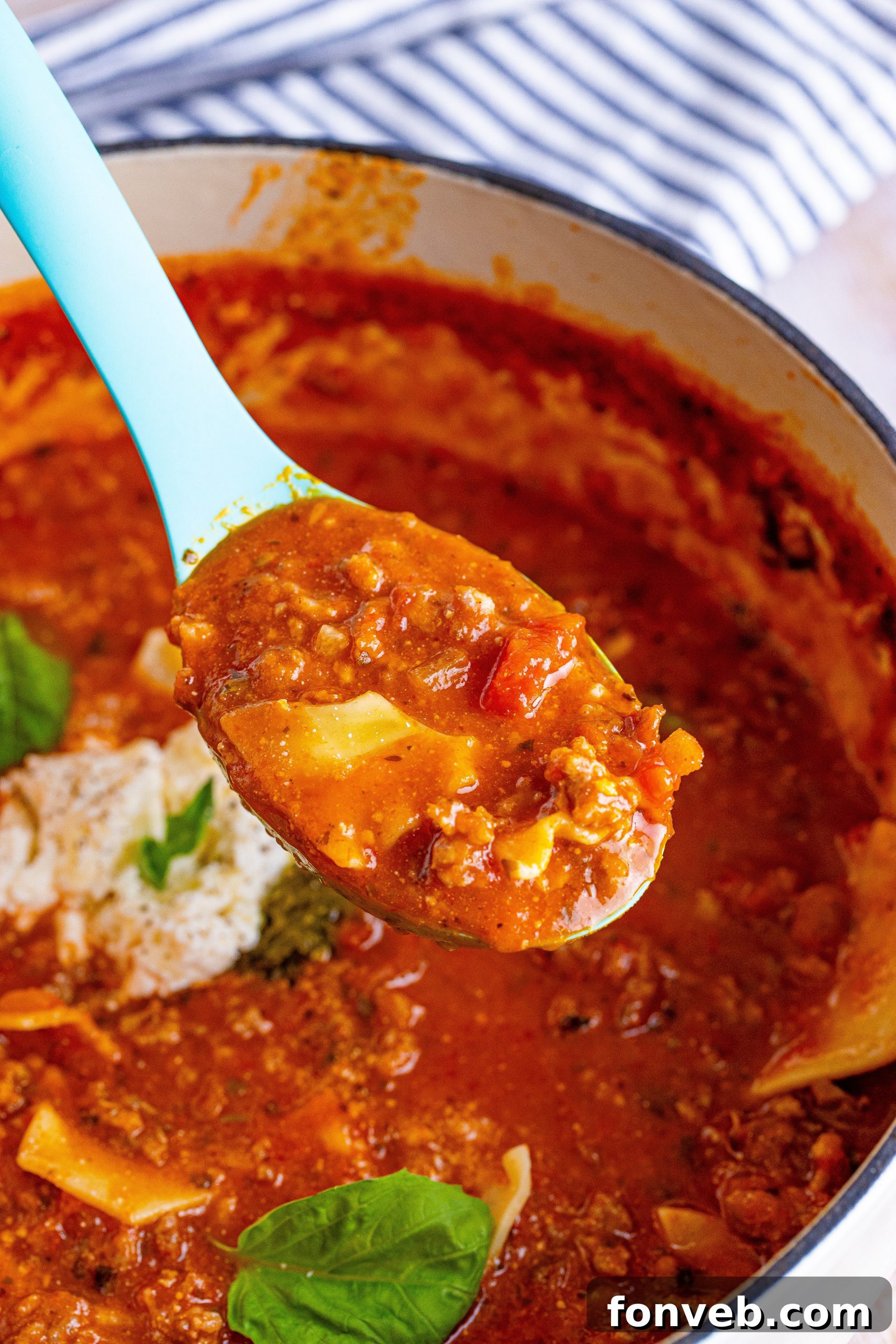 Lasagna Soup simmering in a pot