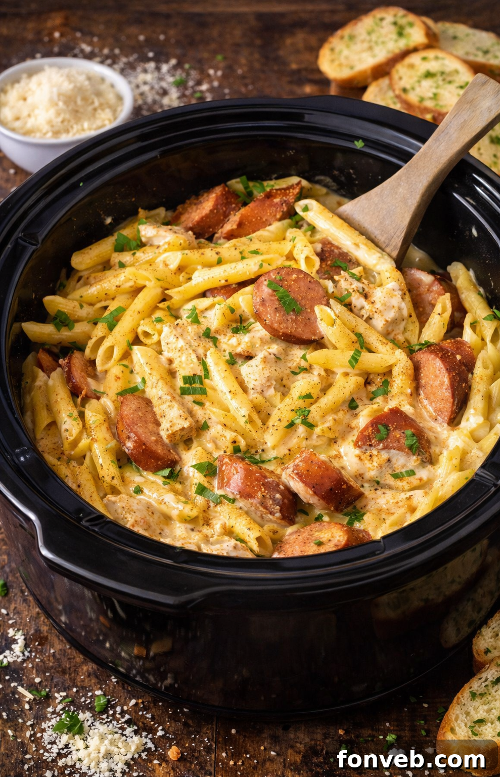 Slow Cooker Cajun Chicken Alfredo with Sausage in a black slow cooker 