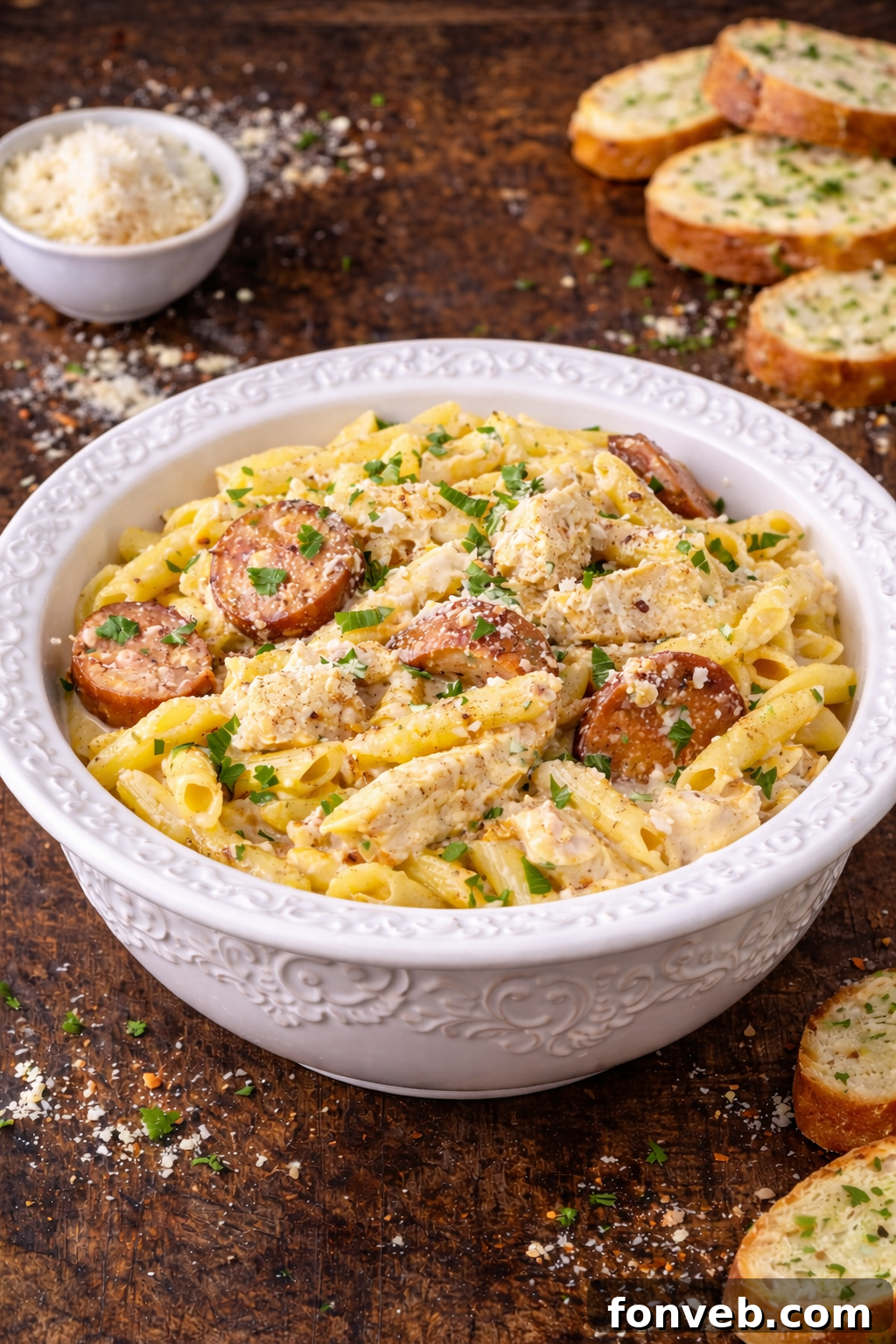 Slow Cooker Cajun Chicken Alfredo with Sausage in a pretty white bowl on a dark wood table with