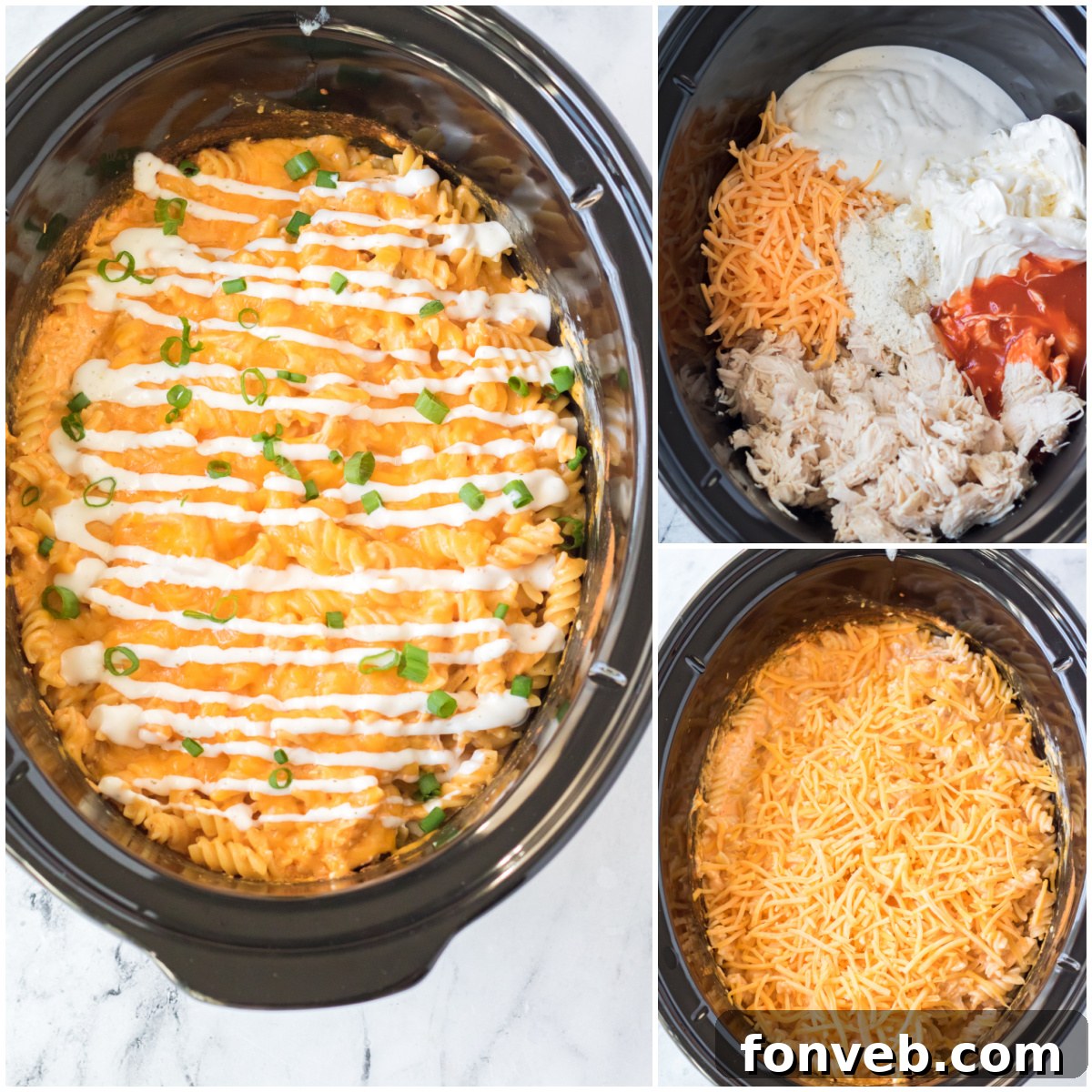 Tangy Slow Cooker Buffalo Chicken Mac and Cheese 4 A bowl of Slow Cooker Buffalo Chicken Mac & Cheese with a fork, showing the creamy texture.