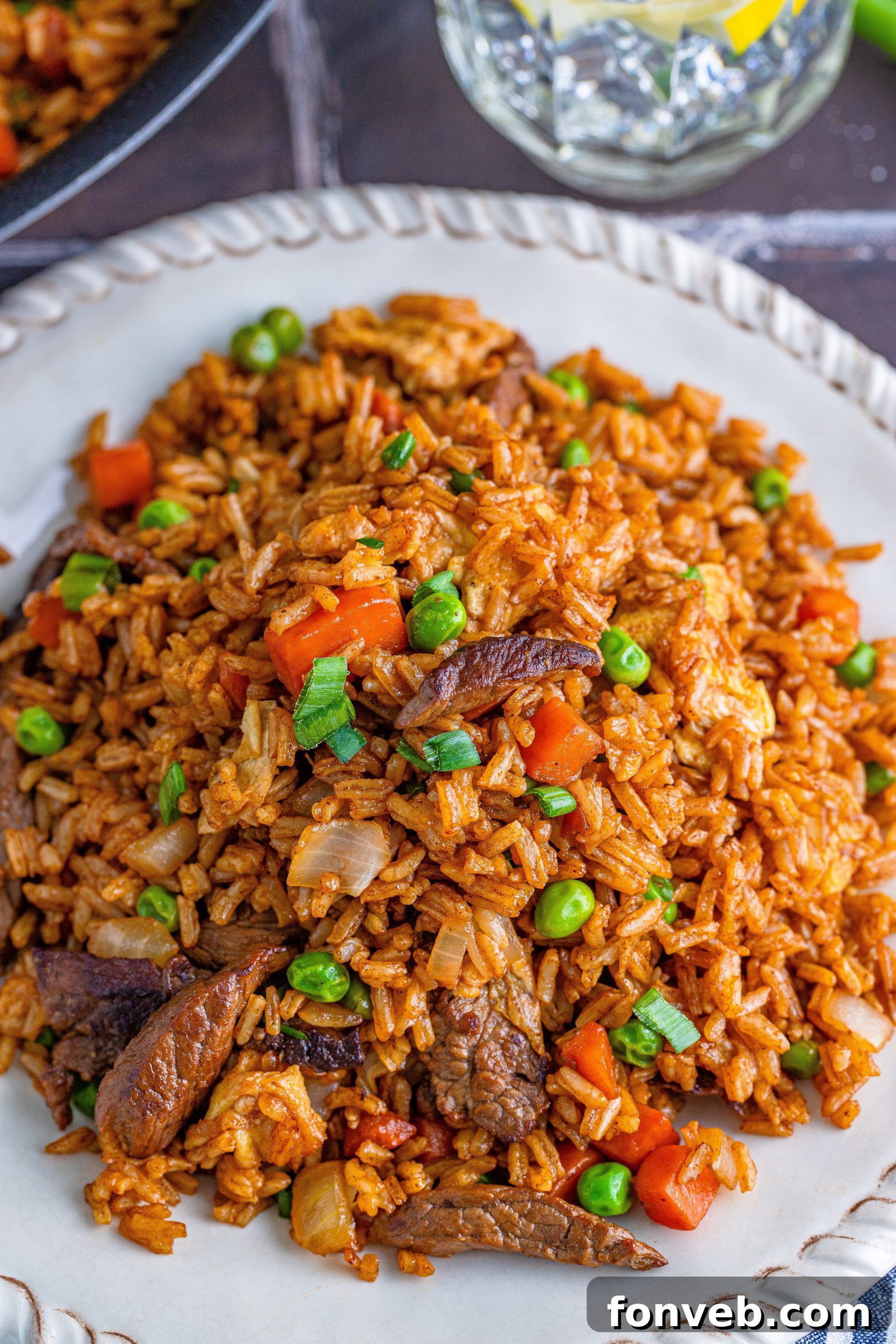 Delicious homemade Beef Fried Rice in a serving bowl, garnished with fresh scallions.