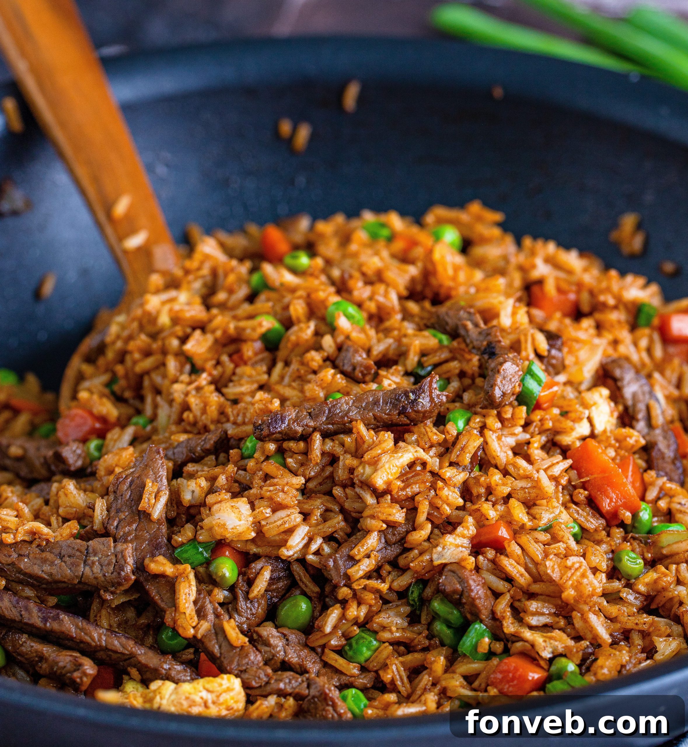 Beef Fried Rice served elegantly in a bowl, highlighted with fresh green onions.