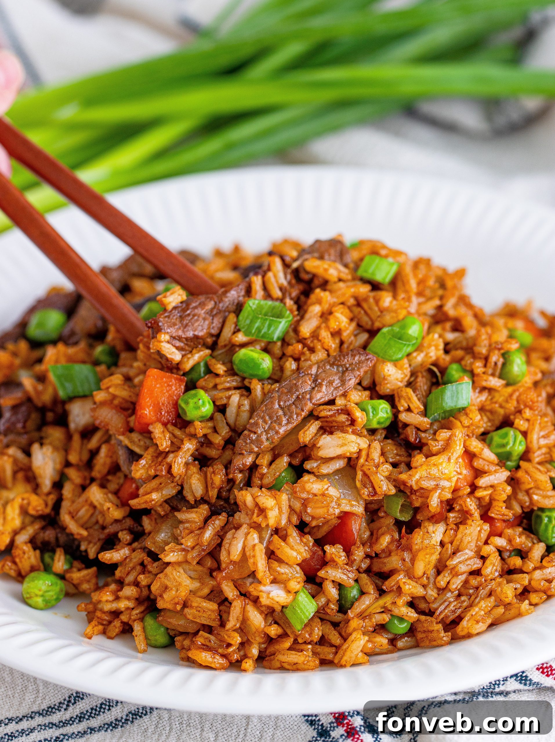 A close-up of Beef Fried Rice illustrating the delightful texture of the rice and the savory beef.