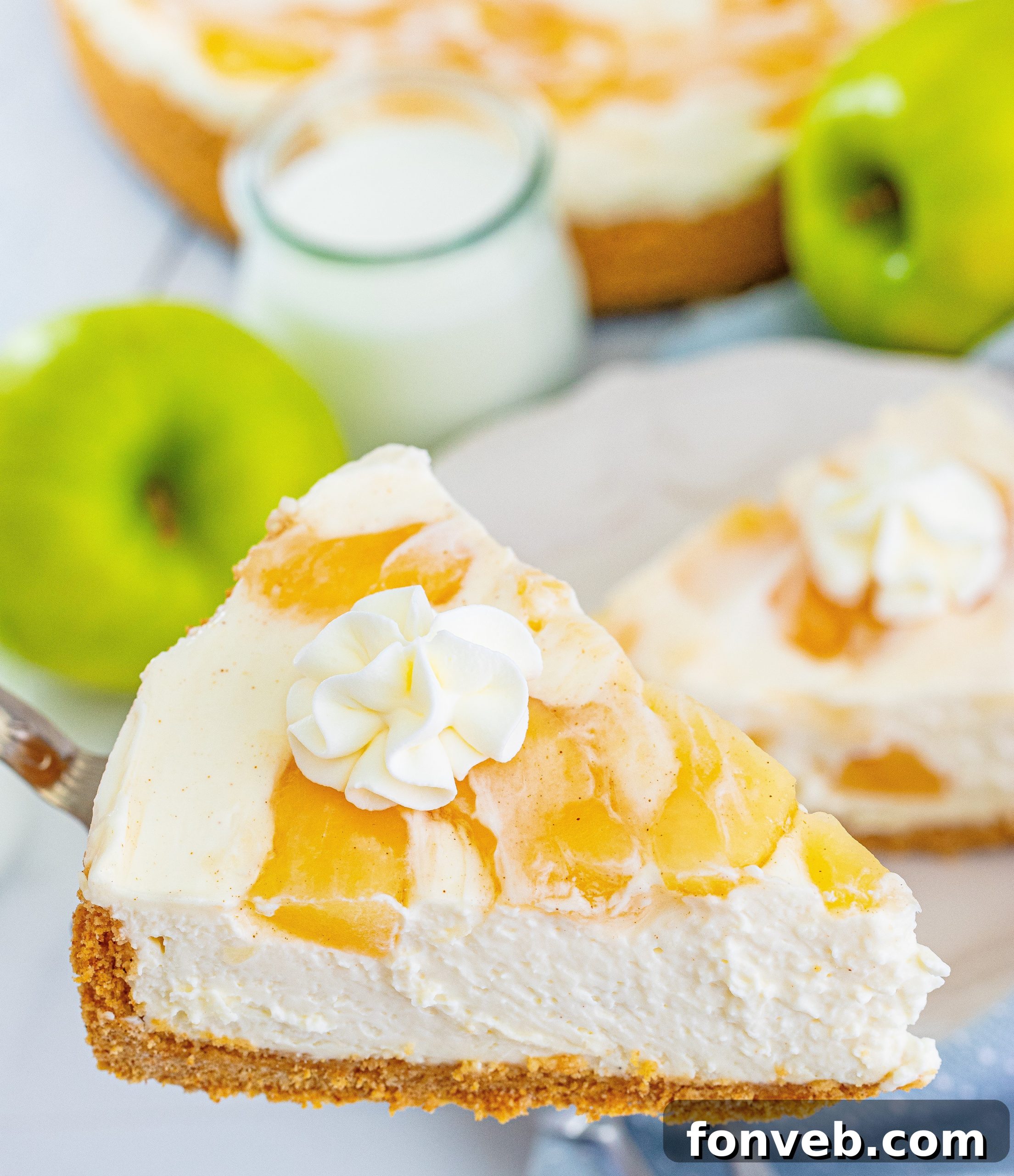 Chilled Apple Pie Cheesecake 17 A beautifully presented slice of No Bake Apple Cheesecake.