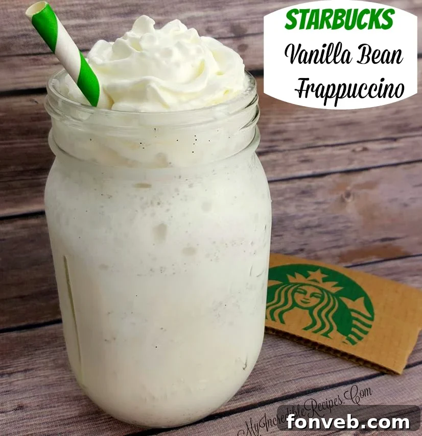 A refreshing Starbucks Vanilla Bean Frappuccino with whipped cream and a straw.