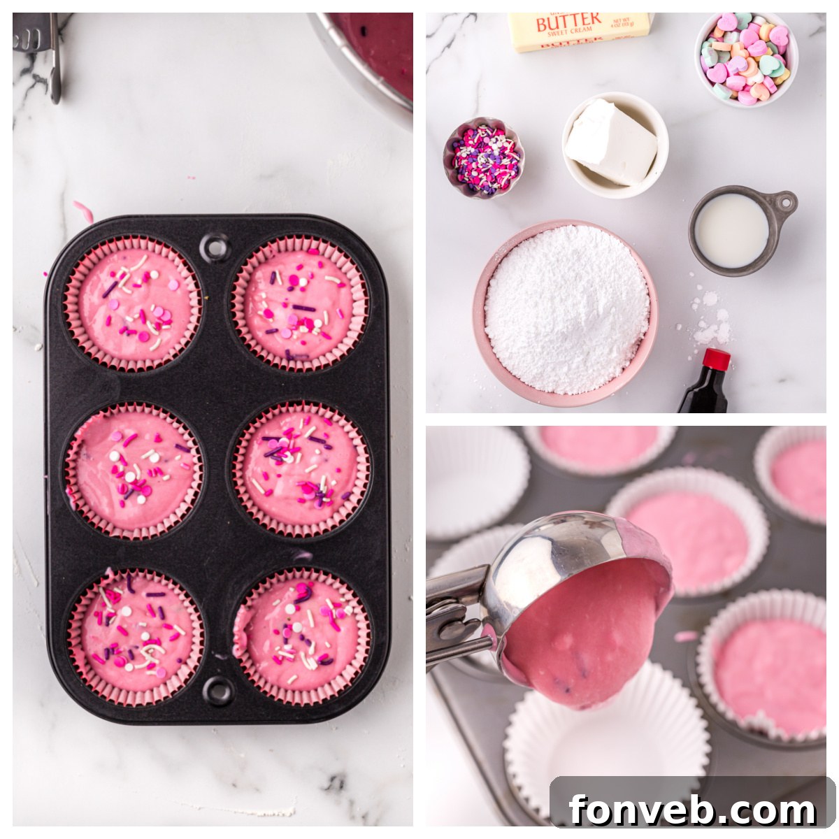 Blushing Velvet Vanilla Cupcakes 3 Variety of pink velvet cupcakes decorated with pink and white vanilla buttercream frosting and sprinkles.