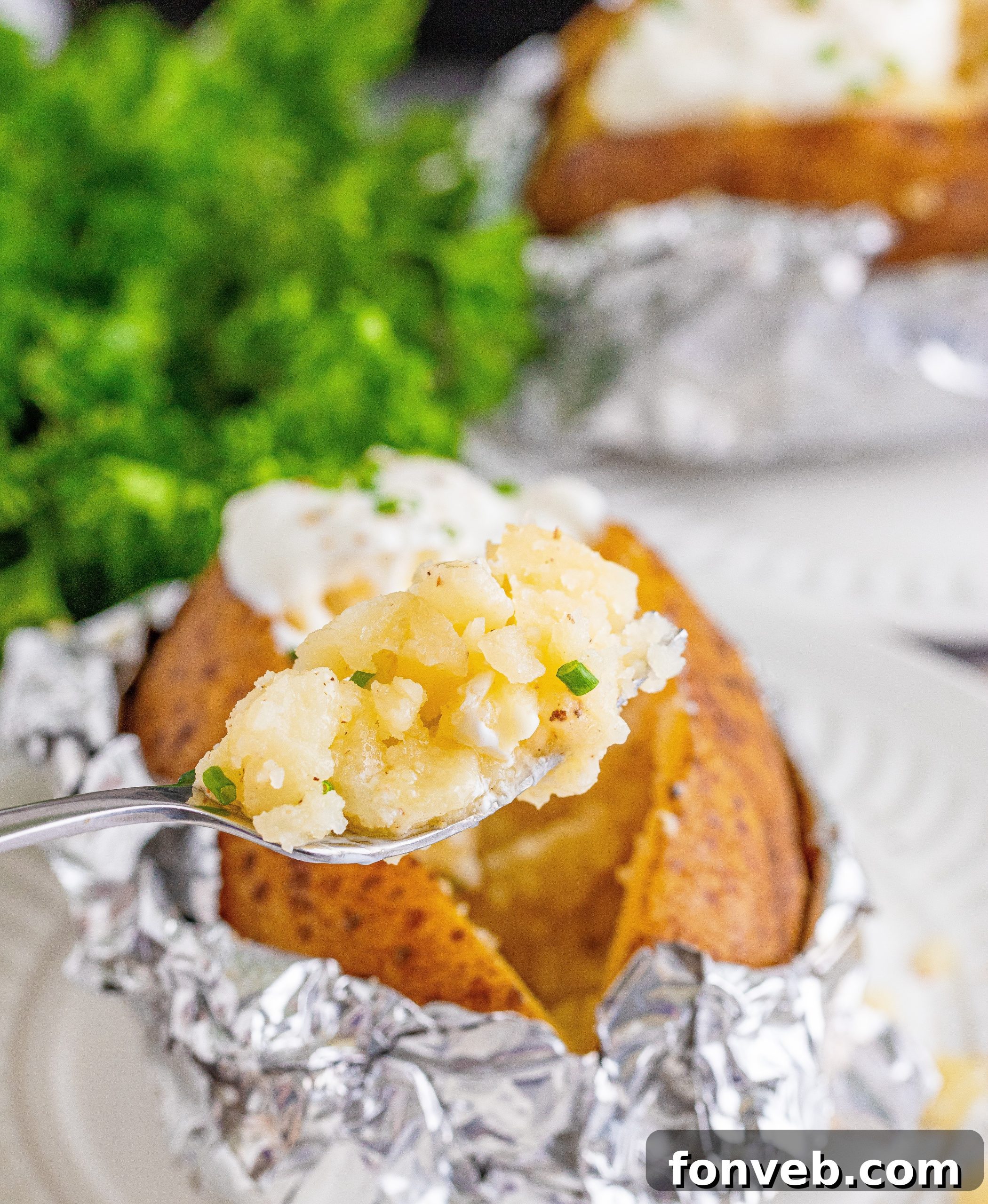 A beautifully plated meal featuring a slow cooker baked potato as the centerpiece, ready to be enjoyed