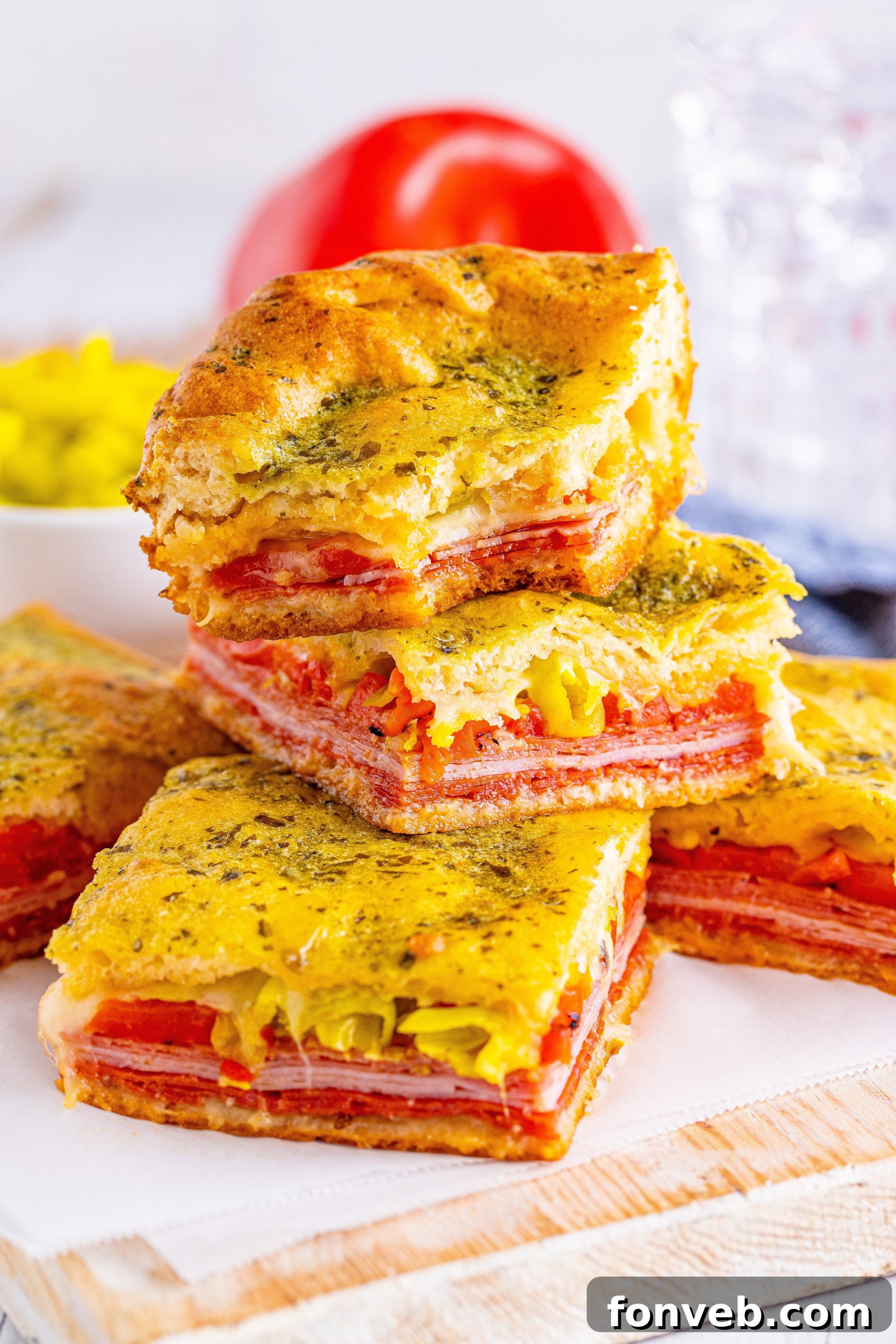 Italian Antipasto Squares cut and plated, ready for serving.