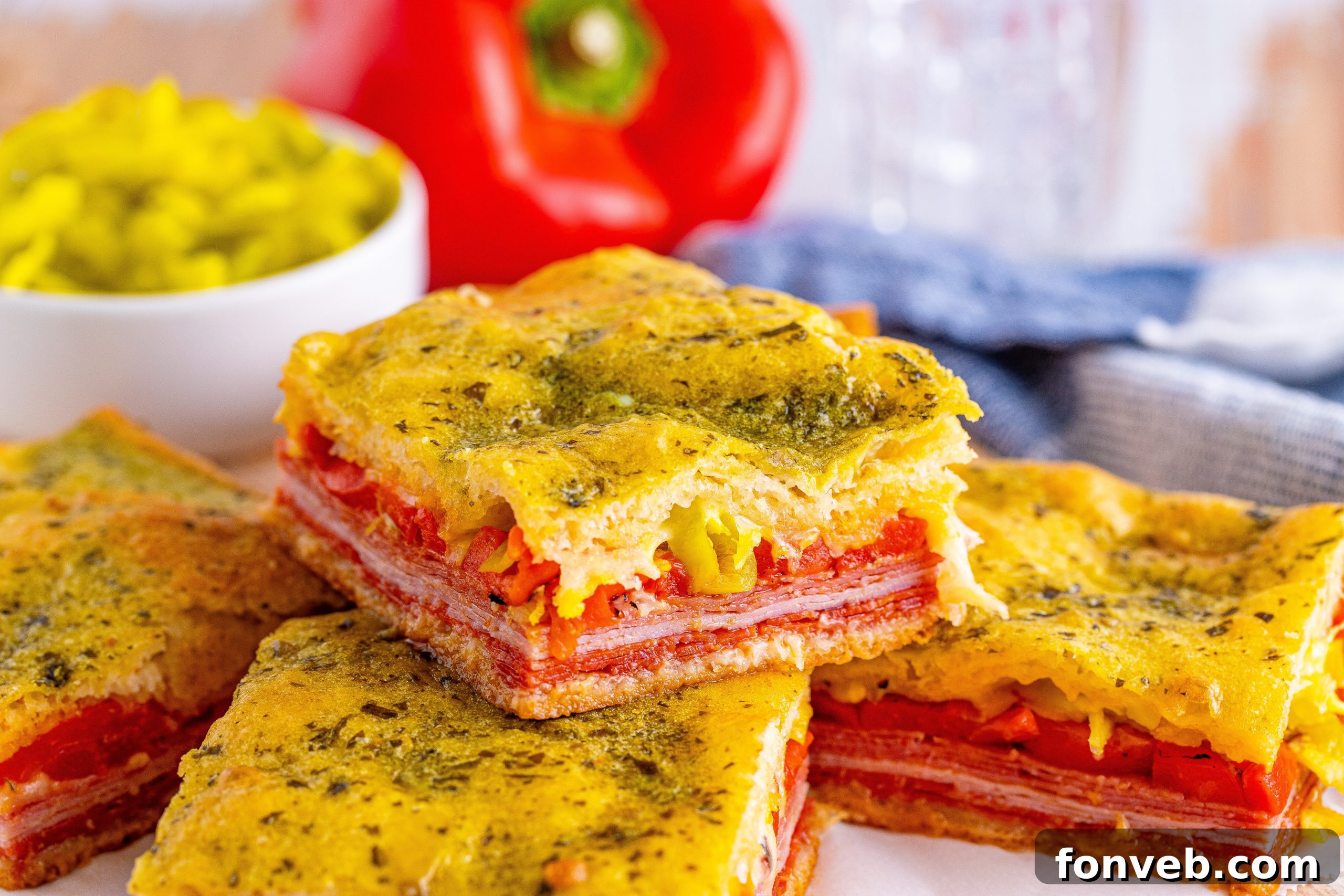 Another beautiful shot of Italian Antipasto Squares, perfectly golden.