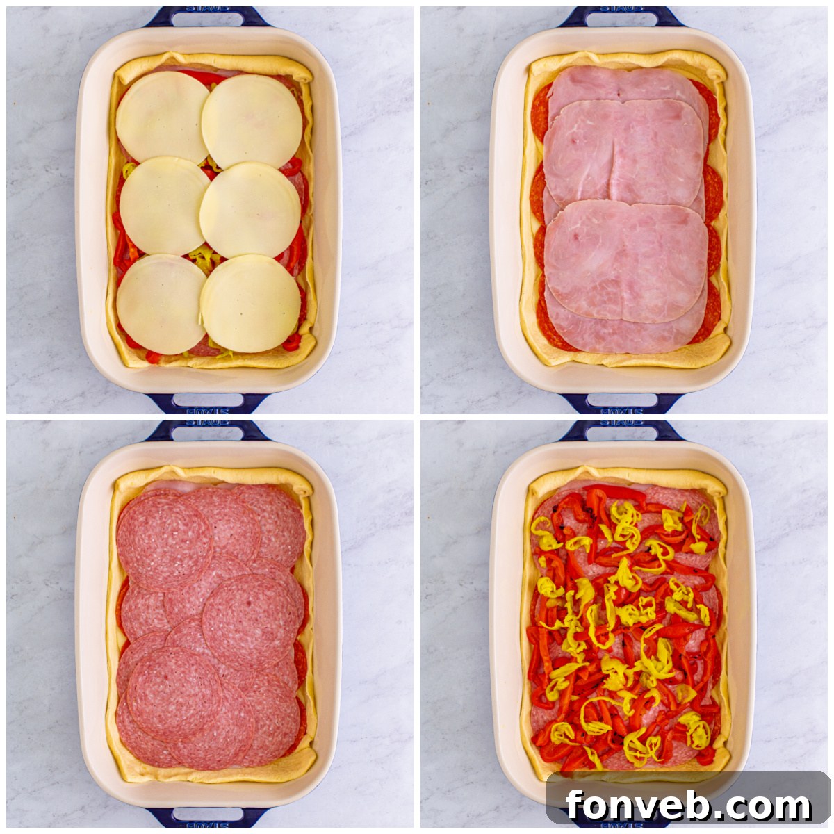 Hand picking up a slice of Italian Antipasto Square from a serving platter.