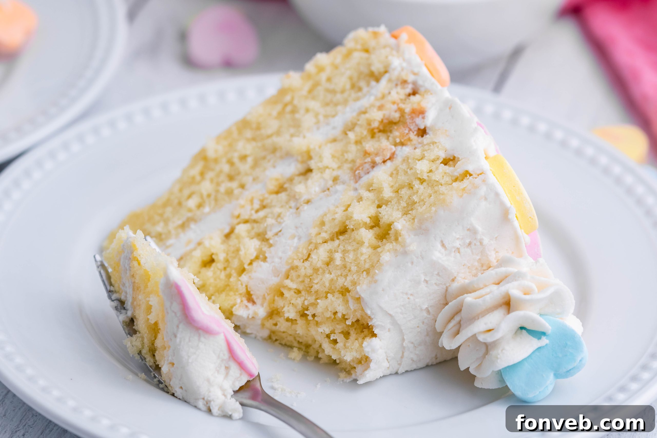 Side view of Conversation Hearts Cake