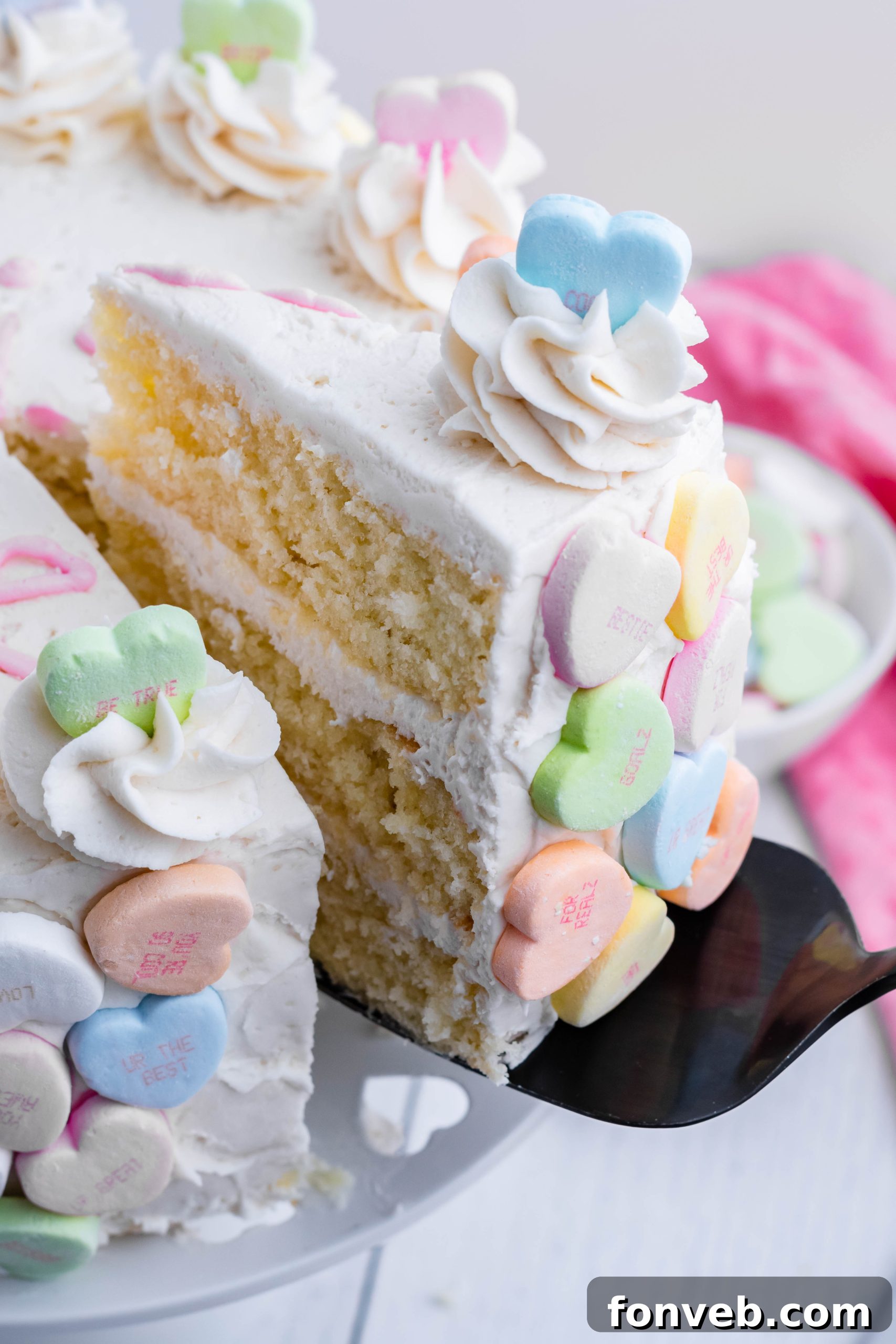 Conversation Hearts cake ready to be served