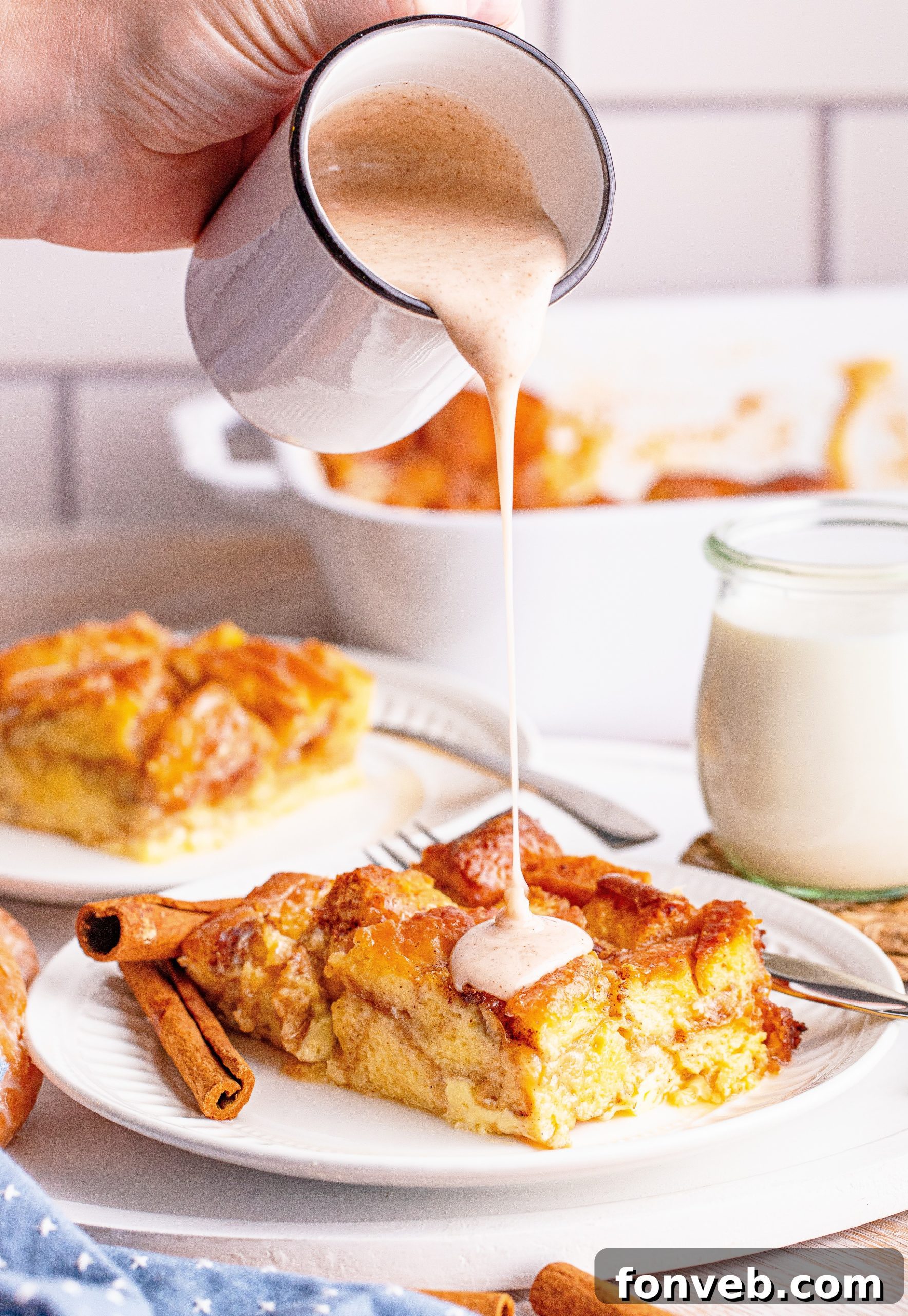 Glazed Honeybun Bread Pudding ready to be served
