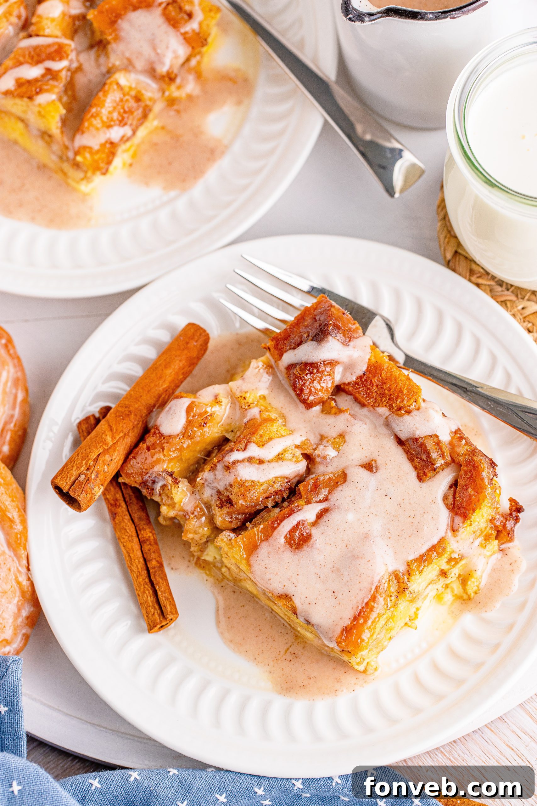 Glazed Honeybun Bread Pudding on a plate