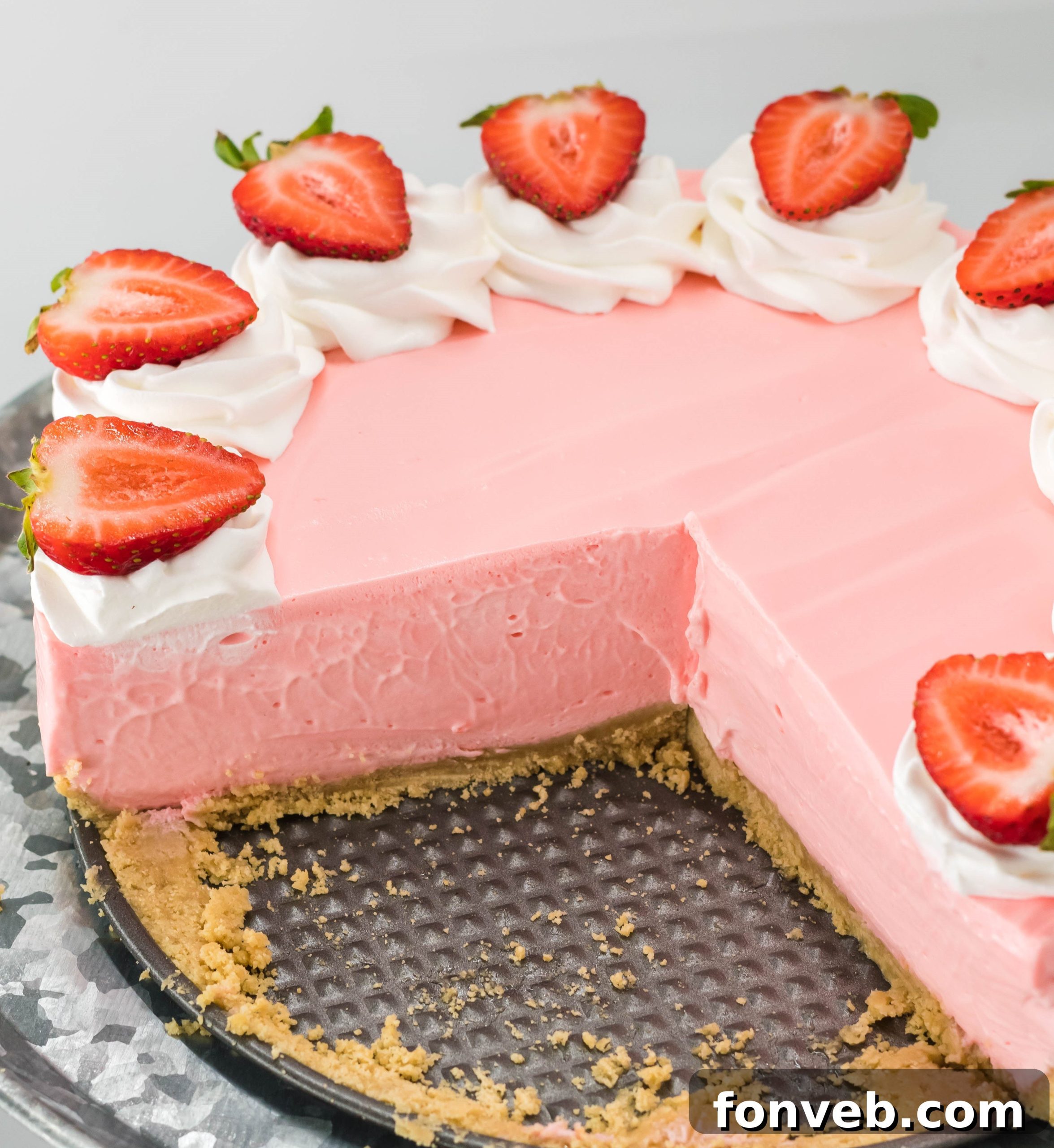 Luscious No-Bake Strawberry Cheesecake 12 A close-up of the textured top of the No Bake Strawberry Cheesecake before toppings are added.