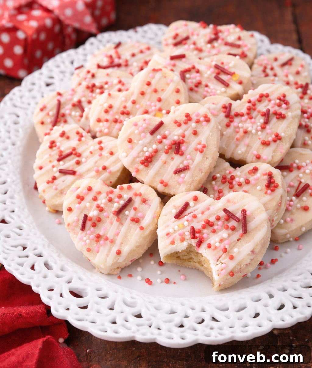 A close-up shot of Valentine's Day Shortbread Cookie Bites on a white plate, with one cookie showing a delicious bite taken out.