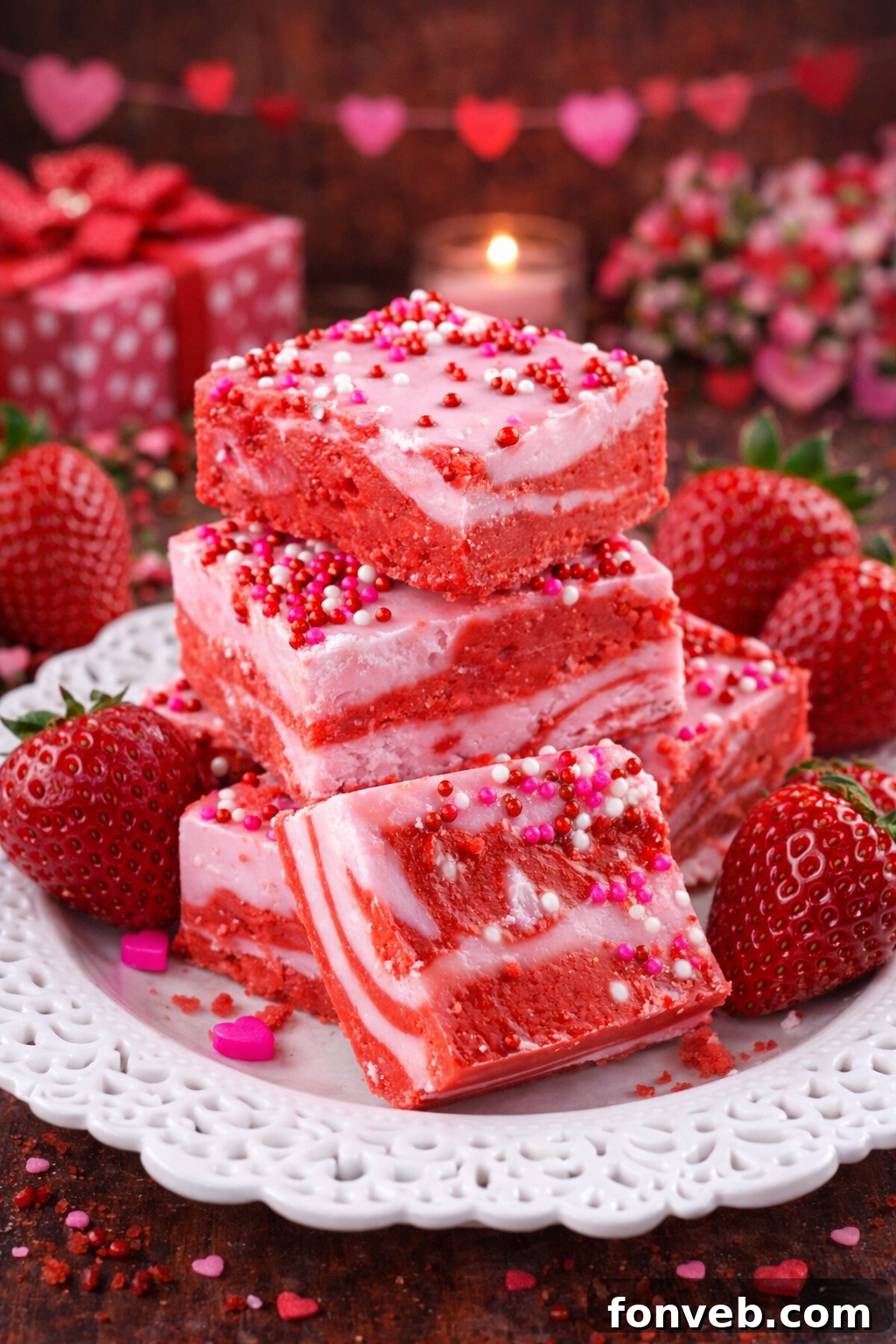 Valentine’s Day Strawberry Fudge on a pretty white plate