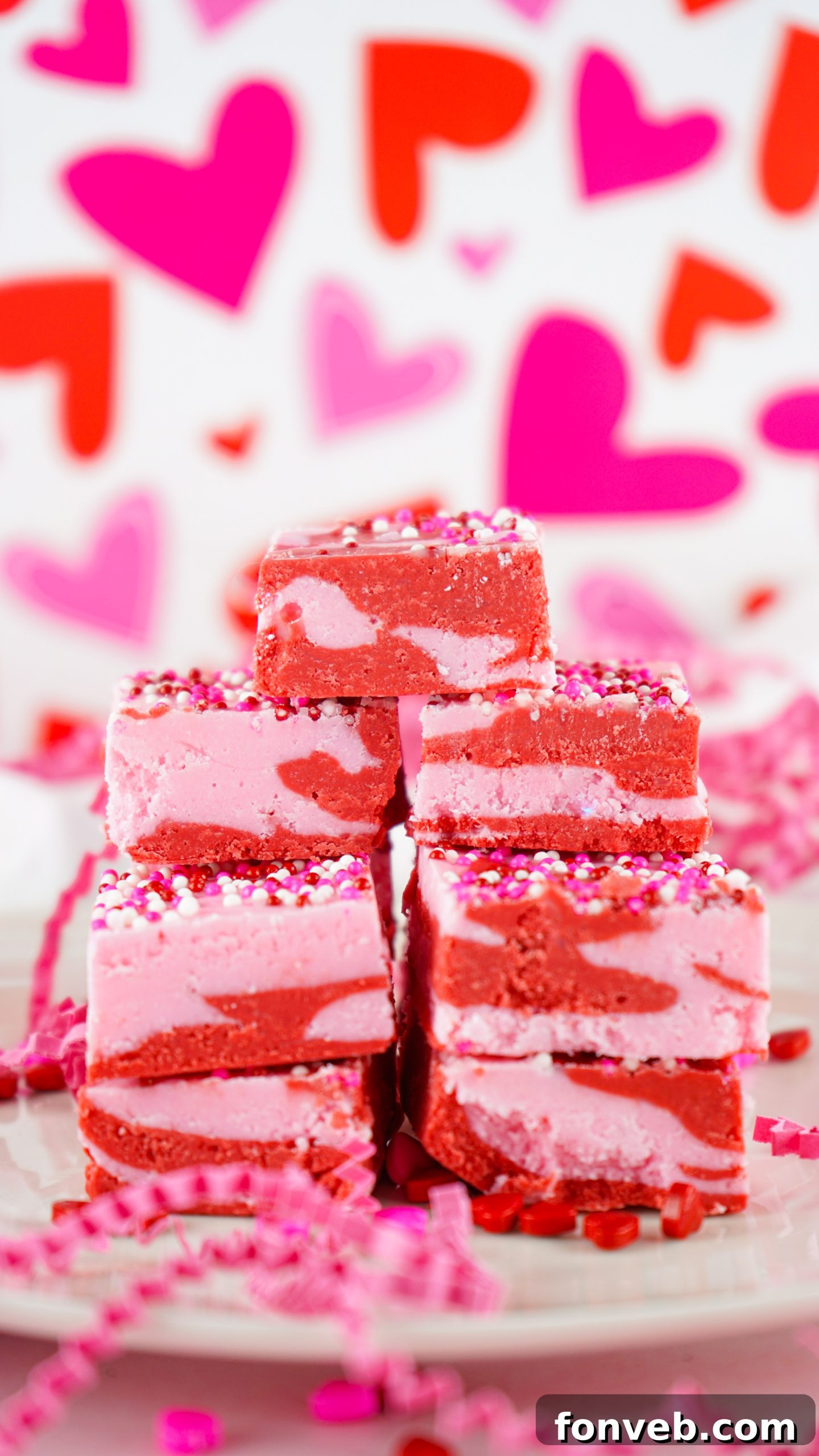 Strawberry fudge cubes with festive sprinkles