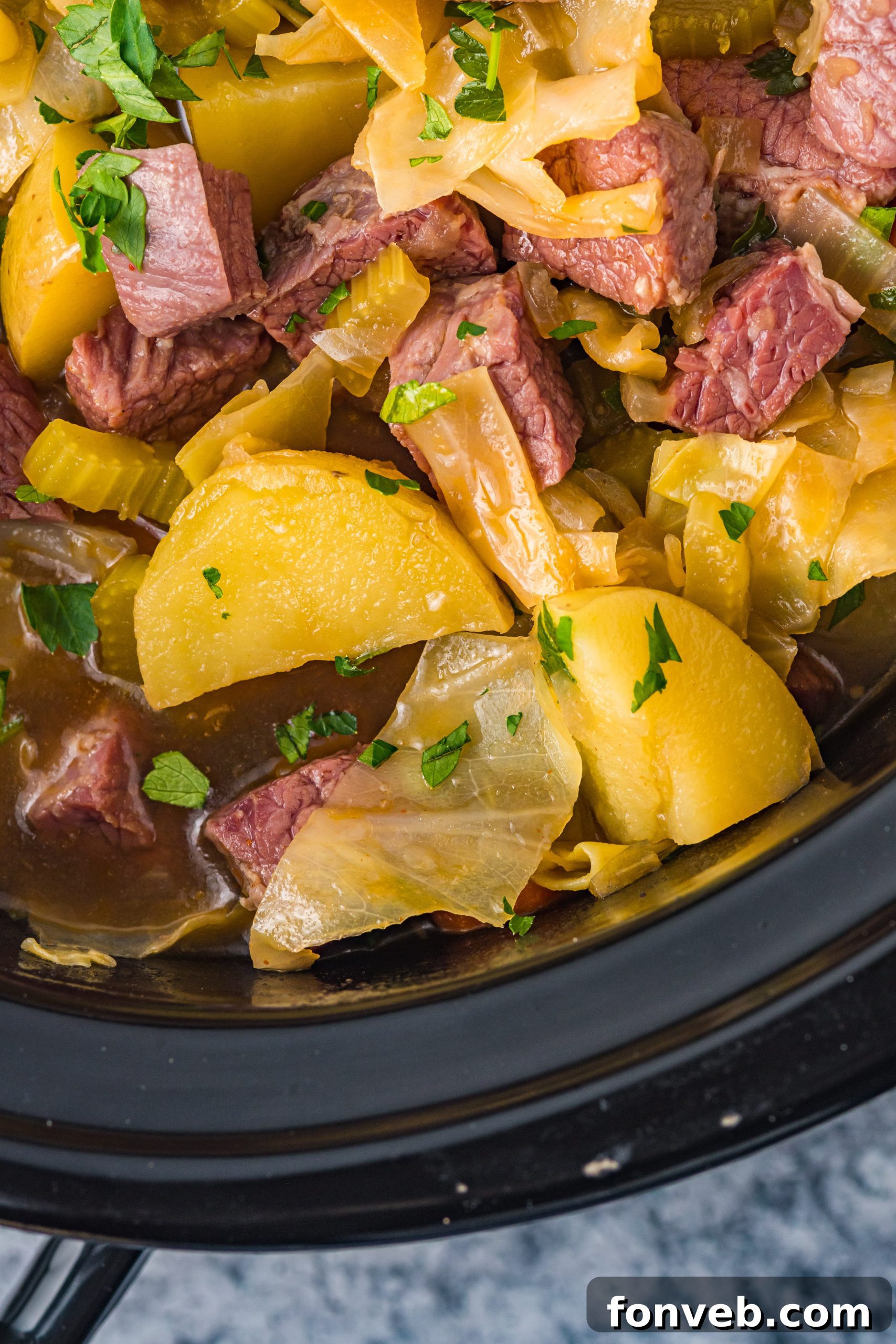 Another angle of the cooked Slow Cooker Corned Beef and Cabbage Soup